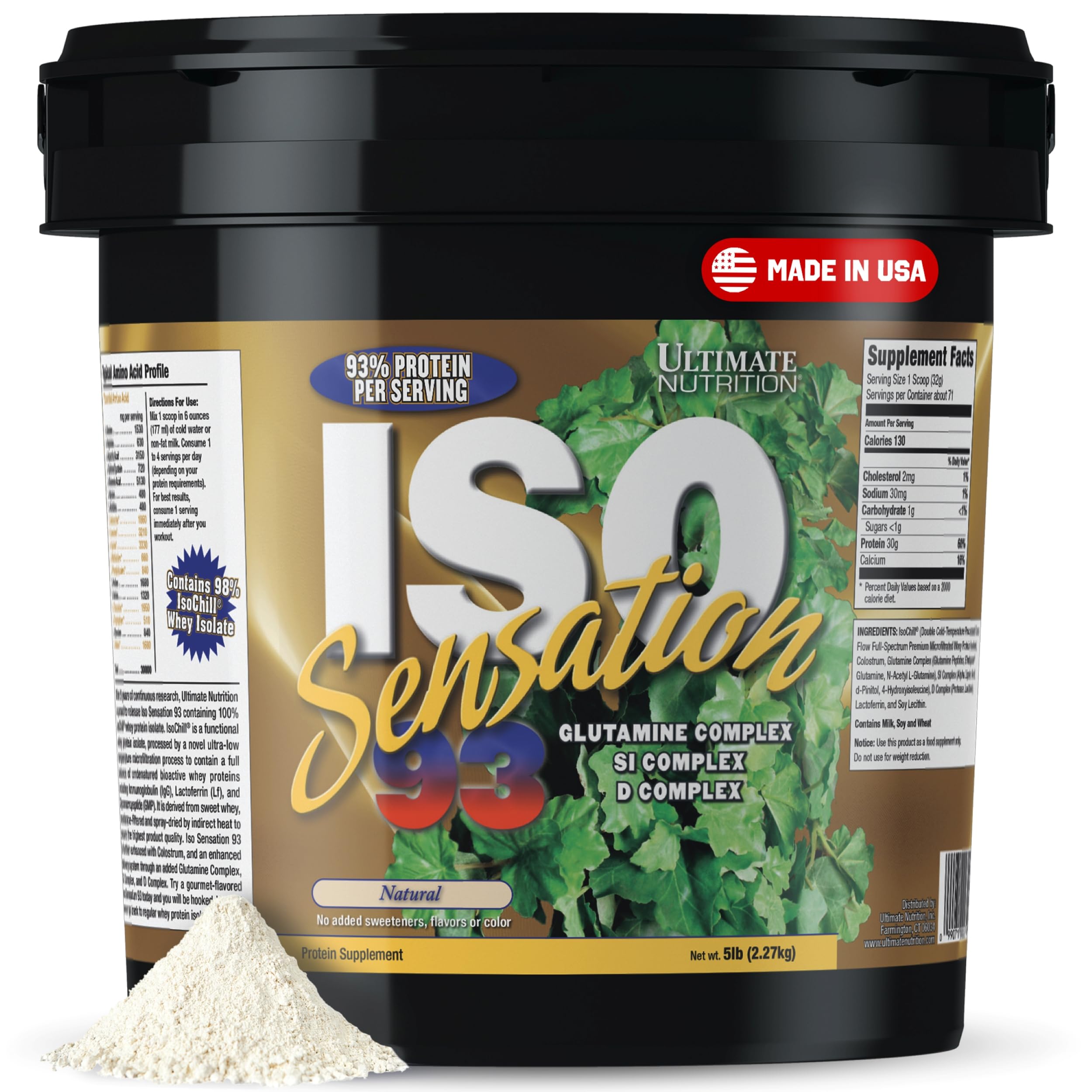 Whey Protein Isolate Powder with Glutamine Complex, ISO Sensation 93 - Whey Protein Powder with Added Colostrum for Enhanced Recovery, Immunity & Gut Health - Natural, 5lbs