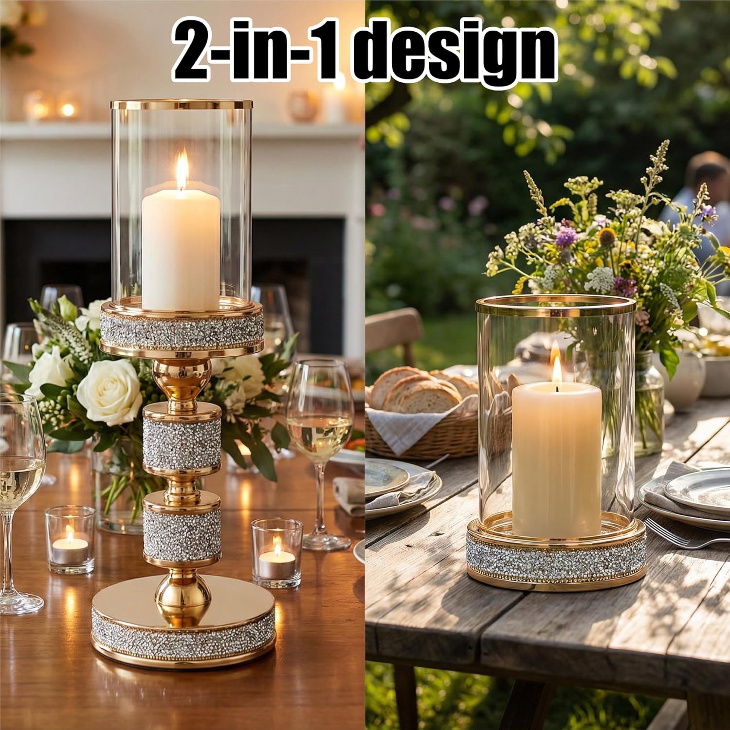 Pillar Candle Holder with Glass Wind Proof, Metal Hurricane Holders, Gold Crystal Candle Stand for Table Centerpieces, Home Decor, Wedding, Dining Table (M, 2PCS, For pillar candles up to 3"x5") - Image 3