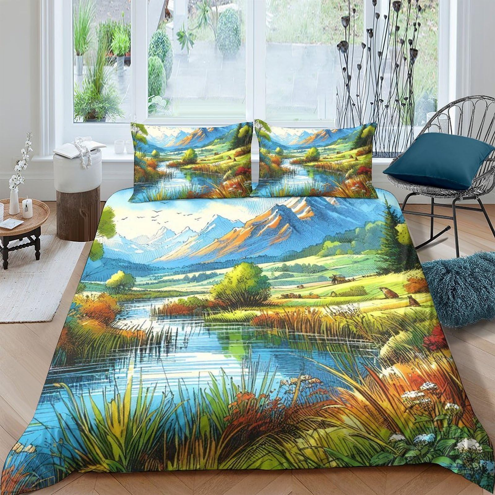 Ctjqhvkz Style-5 3D Printed Mountain Landscape Fitted Sheet Microfiber Soft Breathable Lake View Bed Cover For Bedroom Guest Room Decor Single（135X200cm）