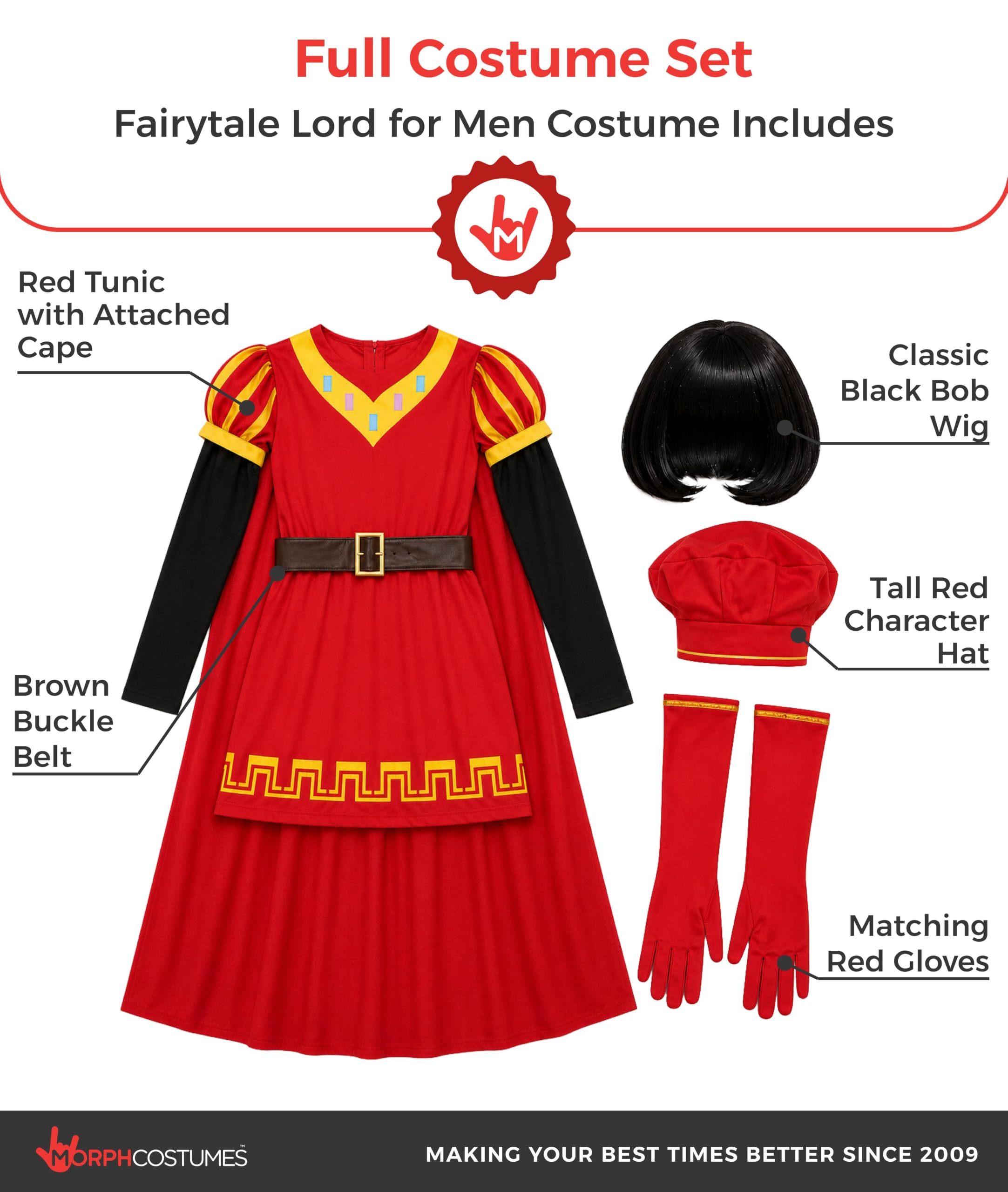 Morph Disfraz Noble Hombre, Disfraz de Fantasia Halloween Hombre | Túnica con Capa, Cinturón, Guantes, Peluca & Sombrero, Look Noble, Perfecto para Halloween, Ideal para Disfrazarse