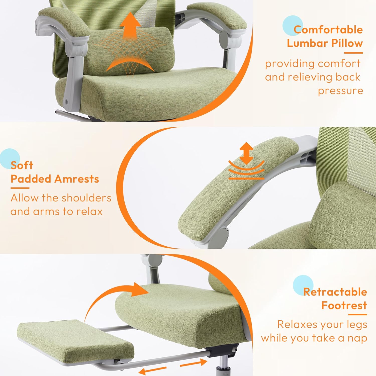 Home Office Desk Chair, Comfortable Mesh Computer Chair with Foot Rest, Reclining Gaming Chair with Headrest and Lumbar Support, 90°-130° Reclining, Green