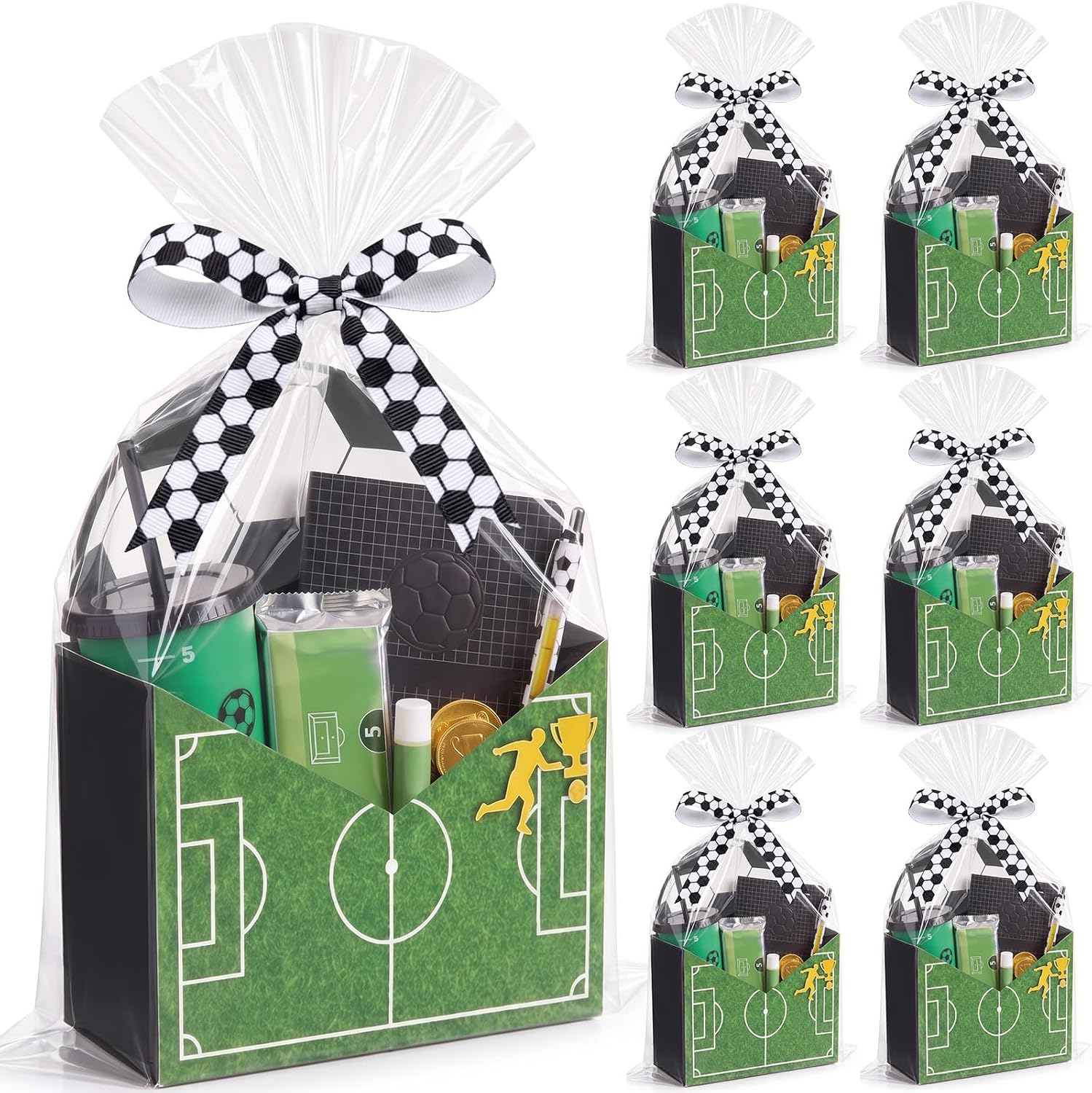 Kolldenn 6 Set Soccer Gift Boxes Set, Foldable Paper Treat Boxes with Clear Opp Bags and Ribbon, Sports Themed Goodie Packing for Baby Shower Birthday Party Favors
