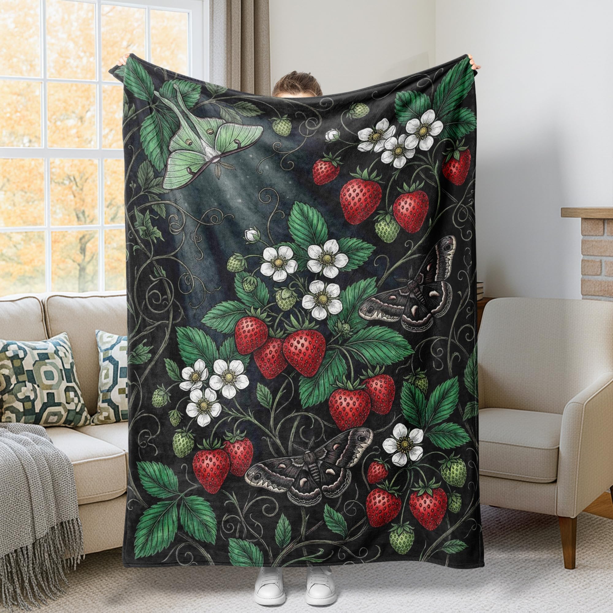 Couverture pelucheuse confortable anti-froid motif fraise et fleur