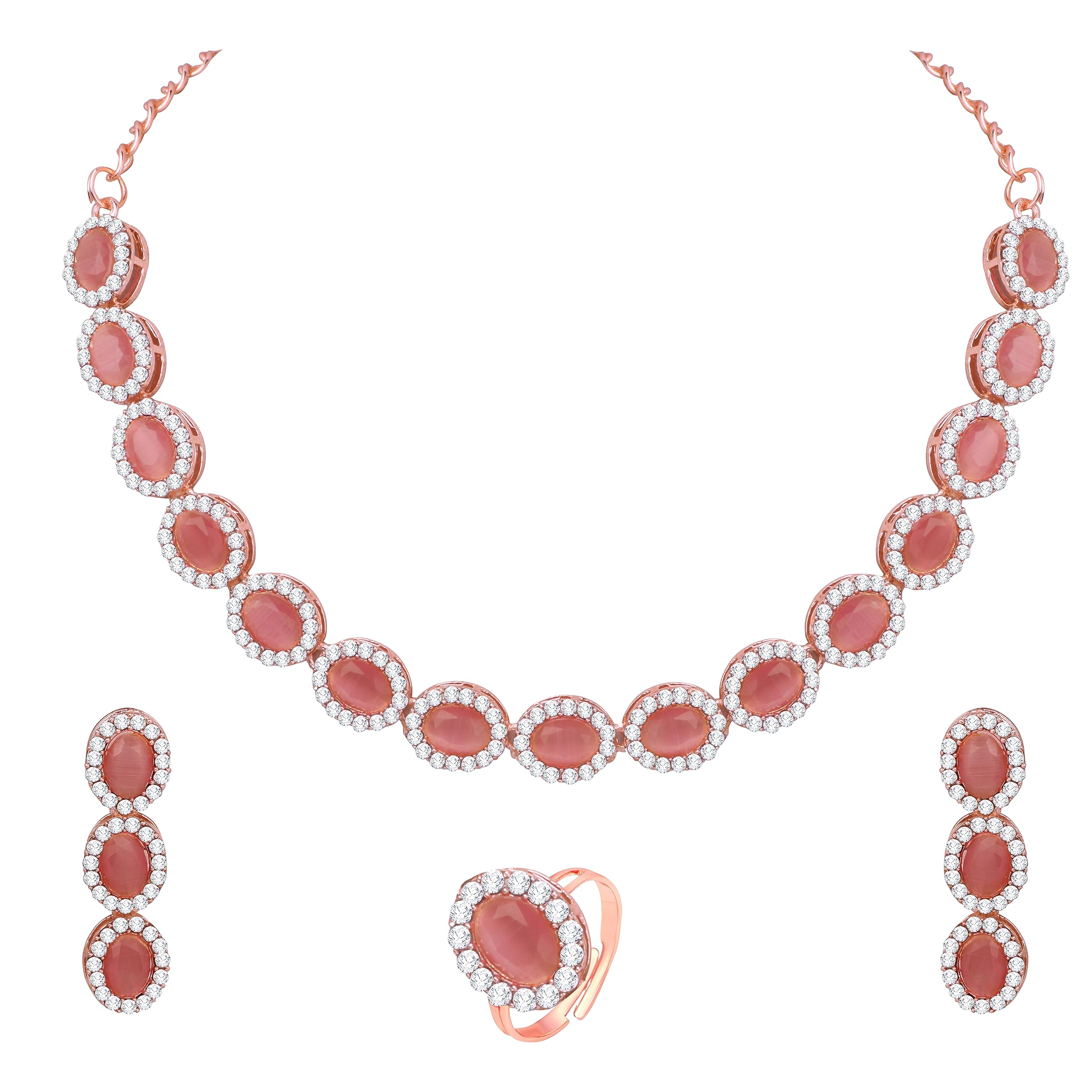 Atasi International Rose Gold Plated Pink AD Necklace Jewellery Set for Women/Grils with Earrings and Ring - for Weddings, Parties, and Festivals (RGP5769) (B0C5N4F82P) Amazon Price History, Amazon Price Tracker