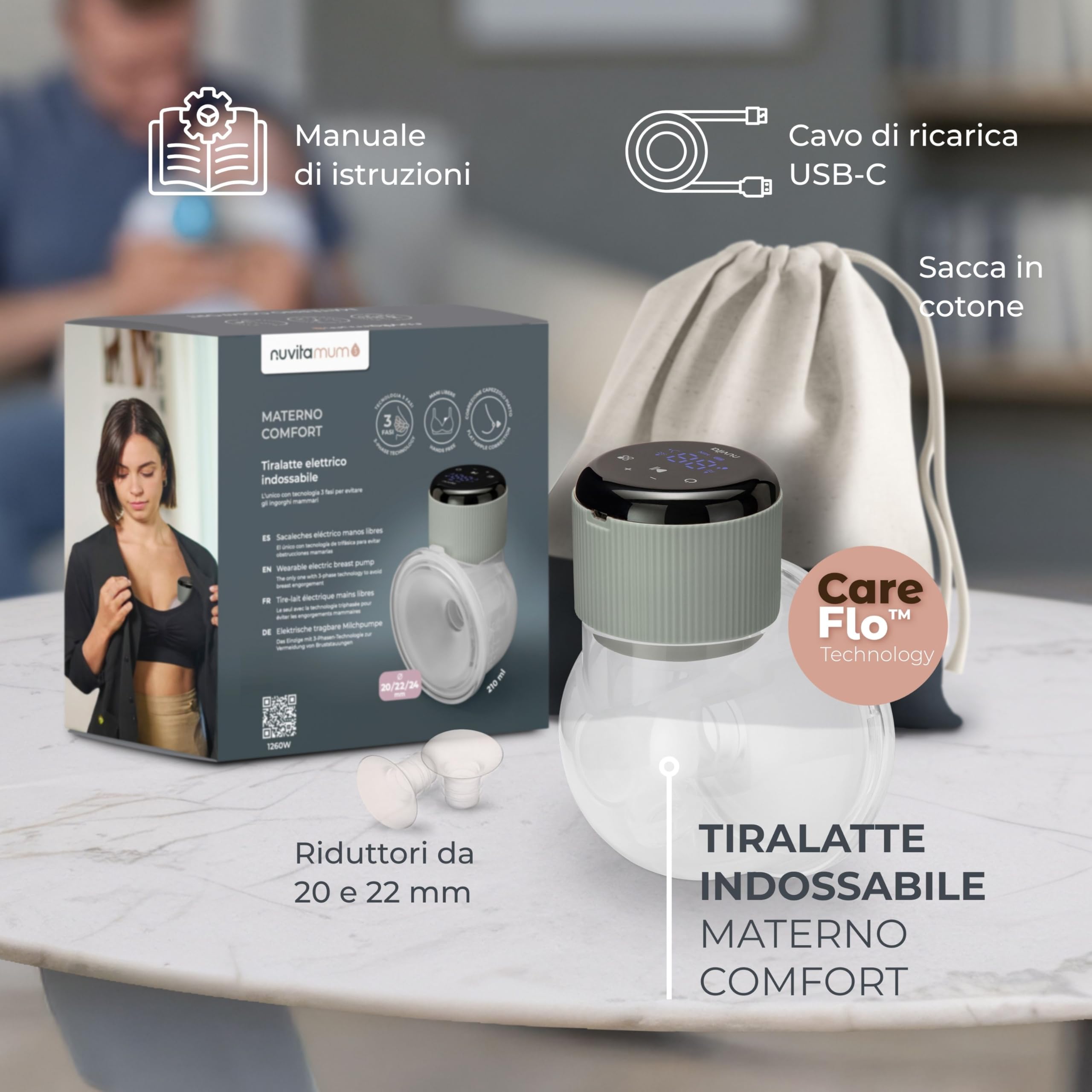 Nuvita 1260W Tiralatte Elettrico Indossabile Singolo 3 Fasi – Portatile con Batteria Ricaricabile USB-C, Funzione Anti-Stasi, Ideale per Capezzoli Piatto/Inversi, Coppa Silicone 24mm con Riduttori
