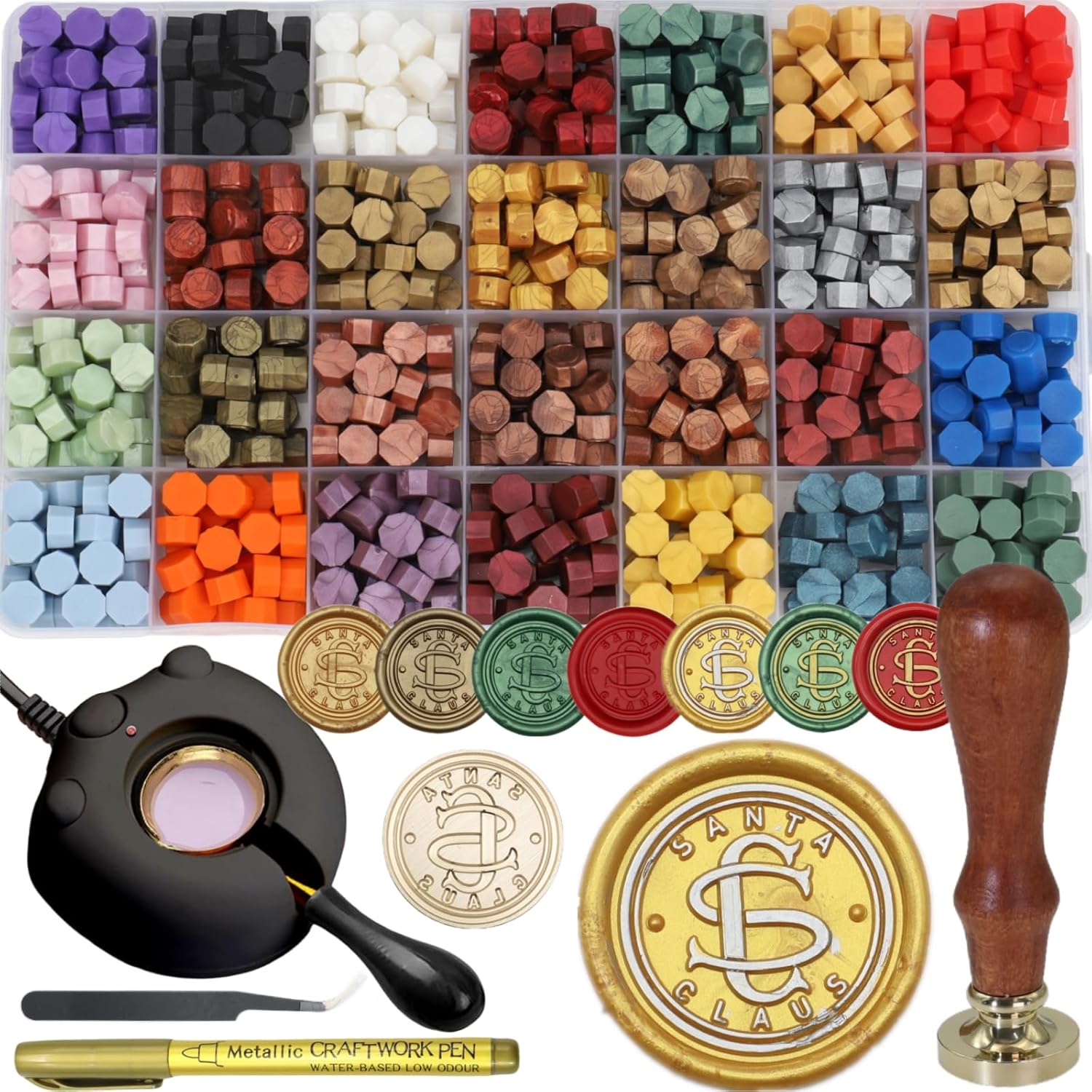 Santa Claus Wax Seal Stamp Kit, Electric Wax Seal Warmer Set with 728 Pcs Sealingwax Beads, Melt Furnace, Christmas Waxstamp, Gold Pen, Tweezer (K002)