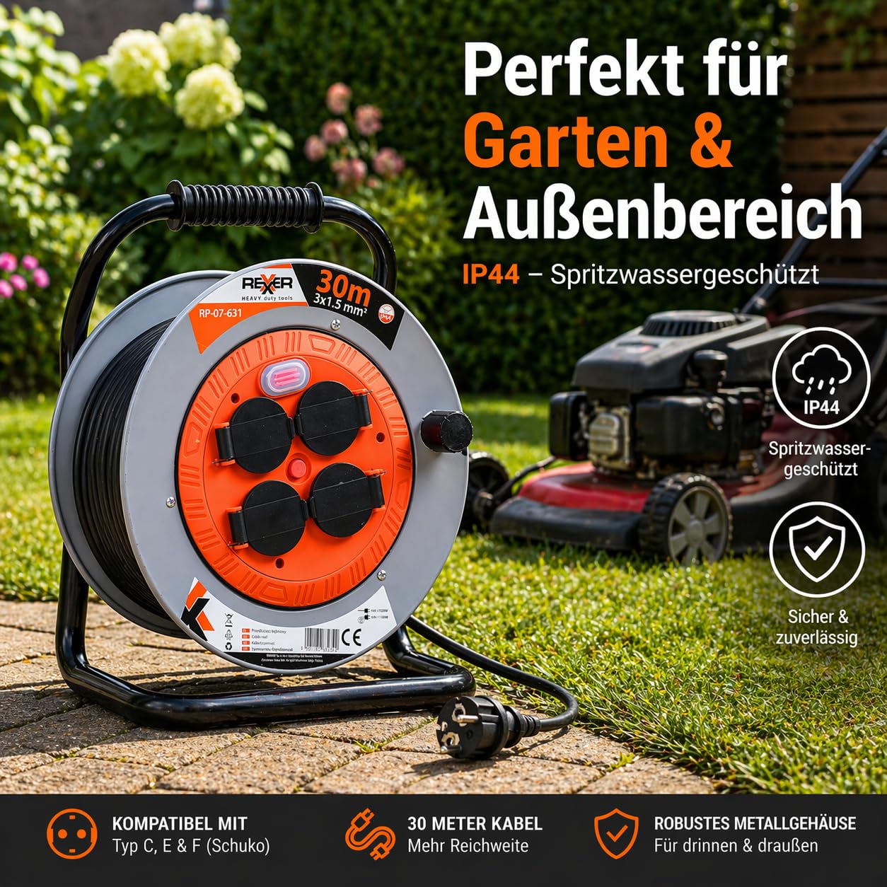 Rexxer Kabeltrommel 30m Metall IP44 für Außenbereich 4 Steckdosen Typ E Verlängerungskabel 3x1,5 mm² mit Erdung Baustelle Garten