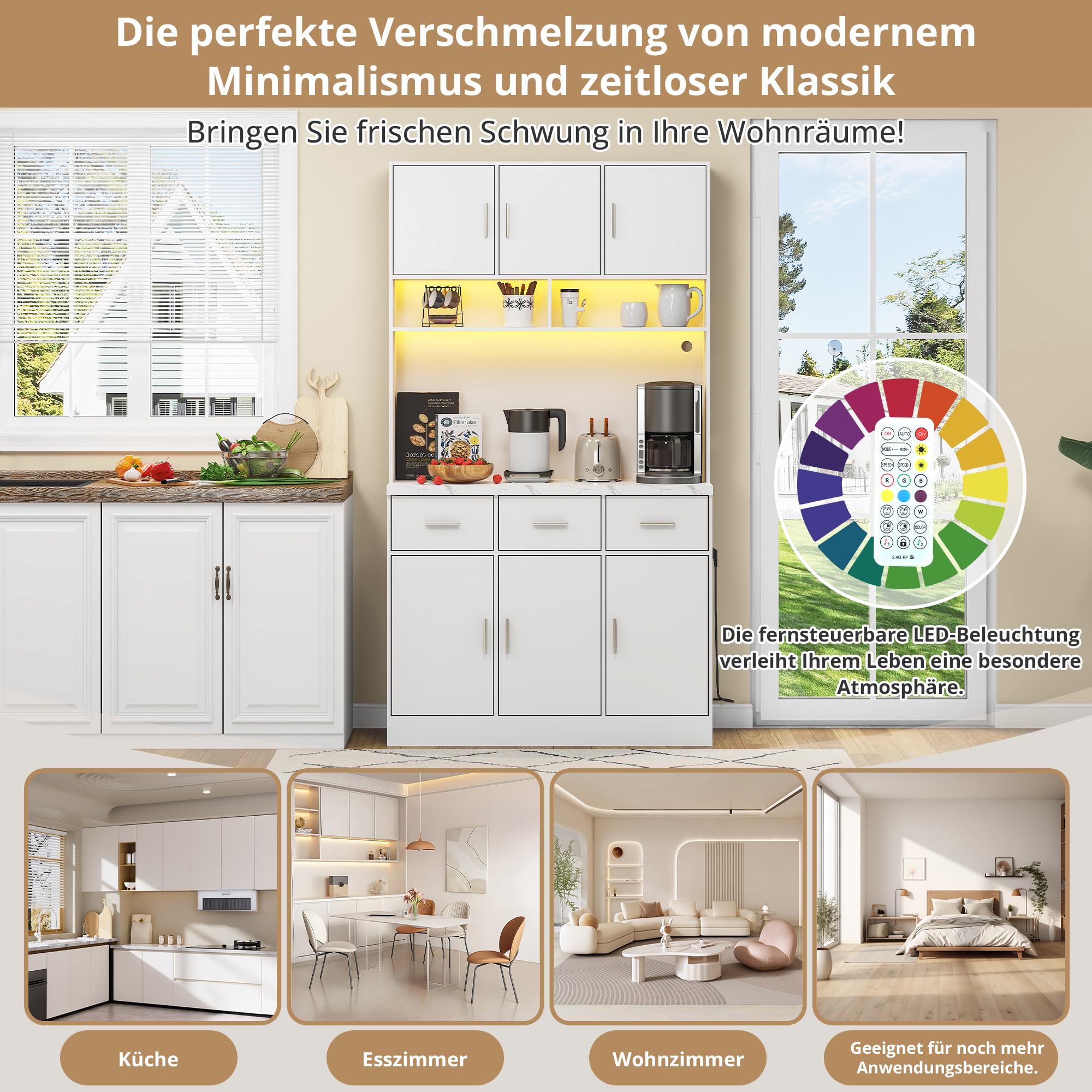 Kayan Küchenschrank Buffetschrank mit LED Sideboard für Küche mit Steckdosenleiste Küchenschrank mit Arbeitsplatte und 3 Schubladen Küchenbuffet mit Verstellbares Regal, 180x100x40 cm (Weiß)
