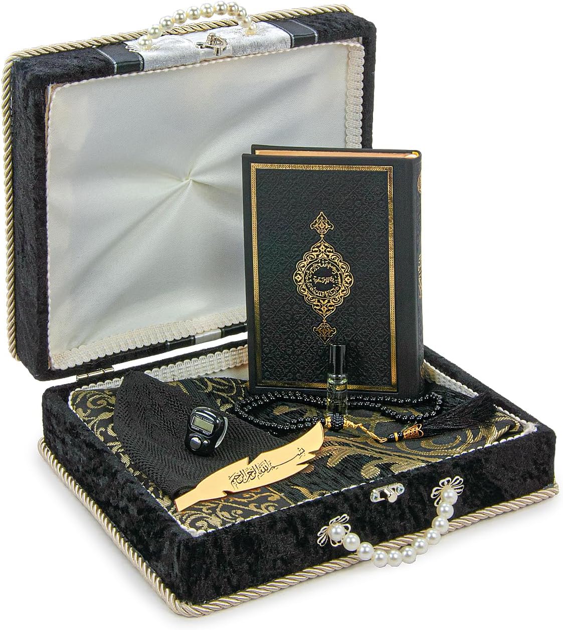 ihvan online, Muslim Prayer Rug Set, Arabic Quran, Prayer Beads, Mens Kufi Hat, Tasbeeh Counter, Islamic Scent, Dowry Gift Box for Men & Women, Janamaz, Salah Mat Gifts Set Wedding, Ramadan, Black