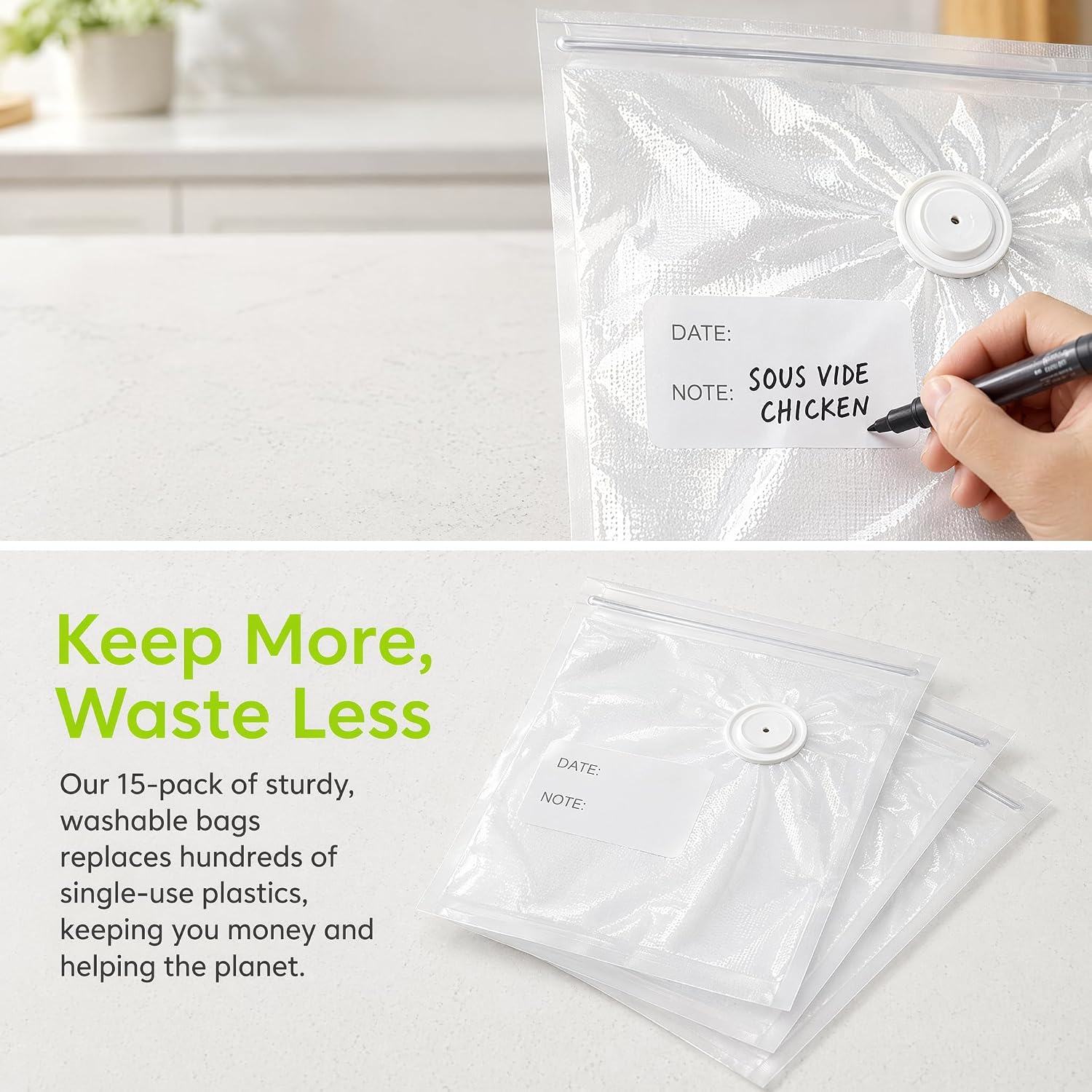 Reusable Vacuum Sealer Bags for Food - 15 BPA-Free Medium (10 x 11 in) Food Storage Bags, Freezer, Microwave - Punctuation-Resistant, Leak-Proof - Compatible with handheld Vacuum Sealers