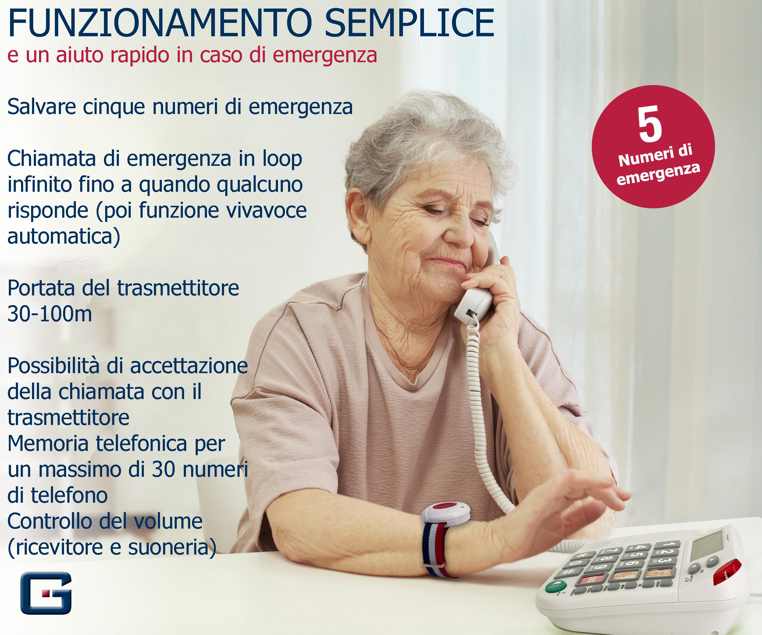 PRO+(G-TELWARE®) - Telefono fisso per anziani con braccialetto di emergenza, con catena di chiamata di emergenza per una accessibilità garantita, chiamata di emergenza a casa per i parenti, con