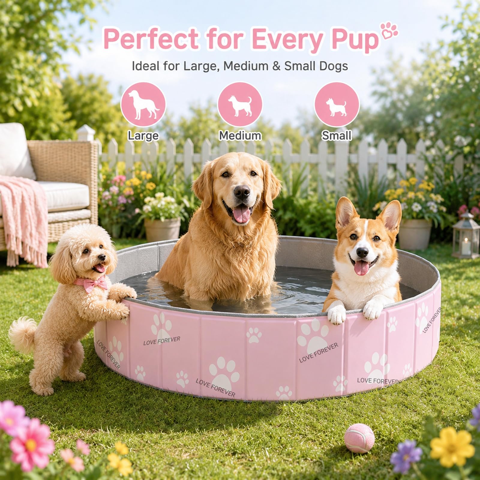 ZoneYan Piscina Pieghevole per Cani 80 * 30 cm, Vasca da Bagno per Cani Antiscivolo in PVC, Piscina per Cani con Doppio Scarico, Doccia Pieghevole per Animali per Cani Piccoli e Medi (Rosa)