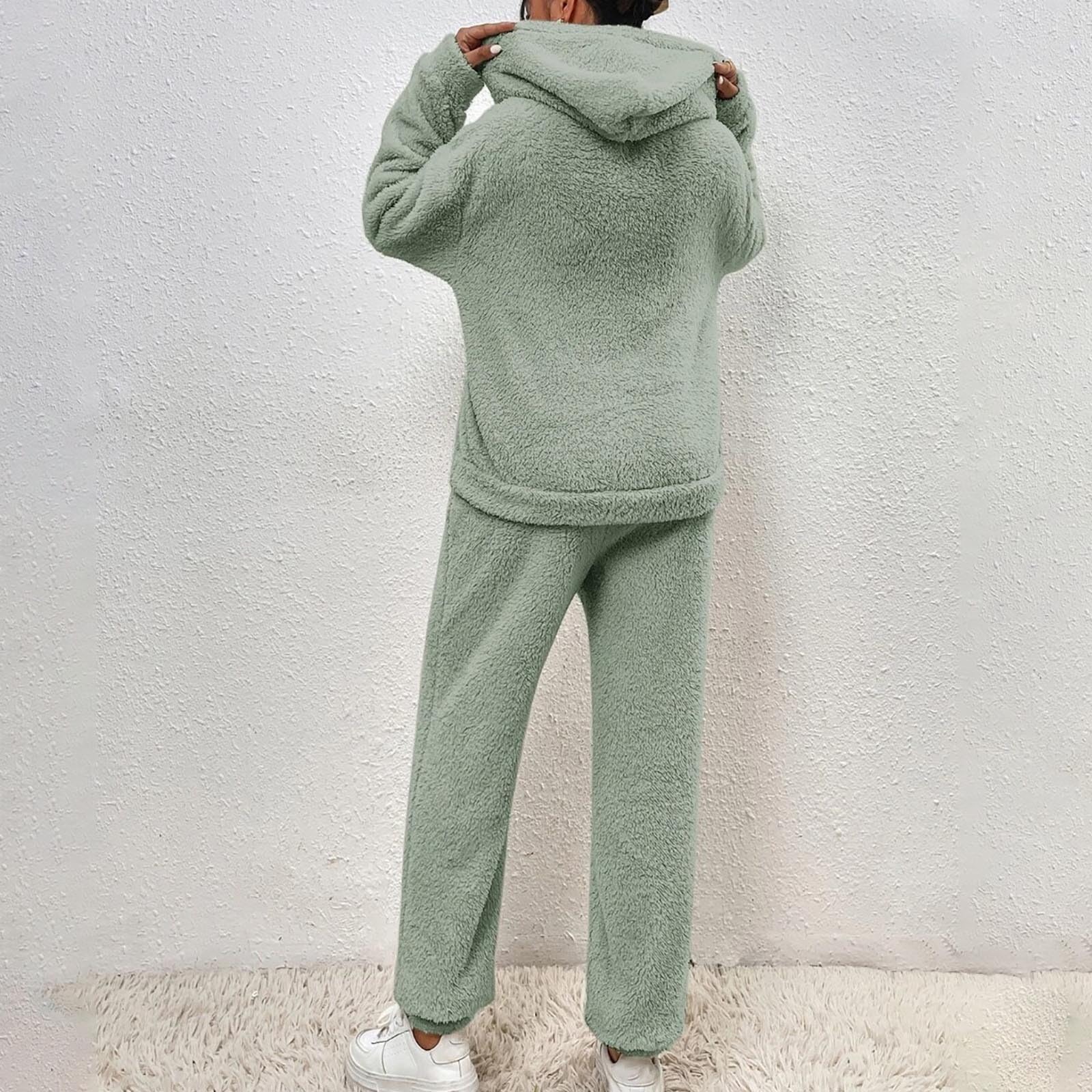 Generisch Traje de casa para mujer, pijama de forro polar, pijama largo y mullido, monocolor, sudadera y pantalón cálido, 2 piezas, traje de ocio, traje de ocio de invierno