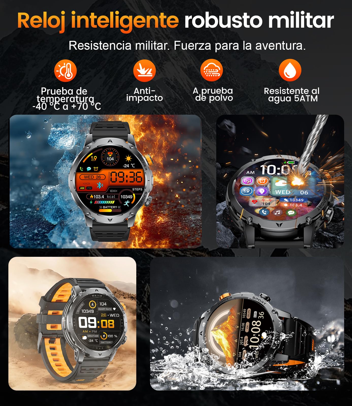 Reloj Inteligente Hombre con 1000 mAh/Linterna/Llamada Bluetooth, 1,7'' Smartwatch Militar con 110+ Modos Deportivos, IP68 Impermeable, Frecuencia Cardíaca, Android iOS, 3 Pulseras+2 Cargadores,EF24-F