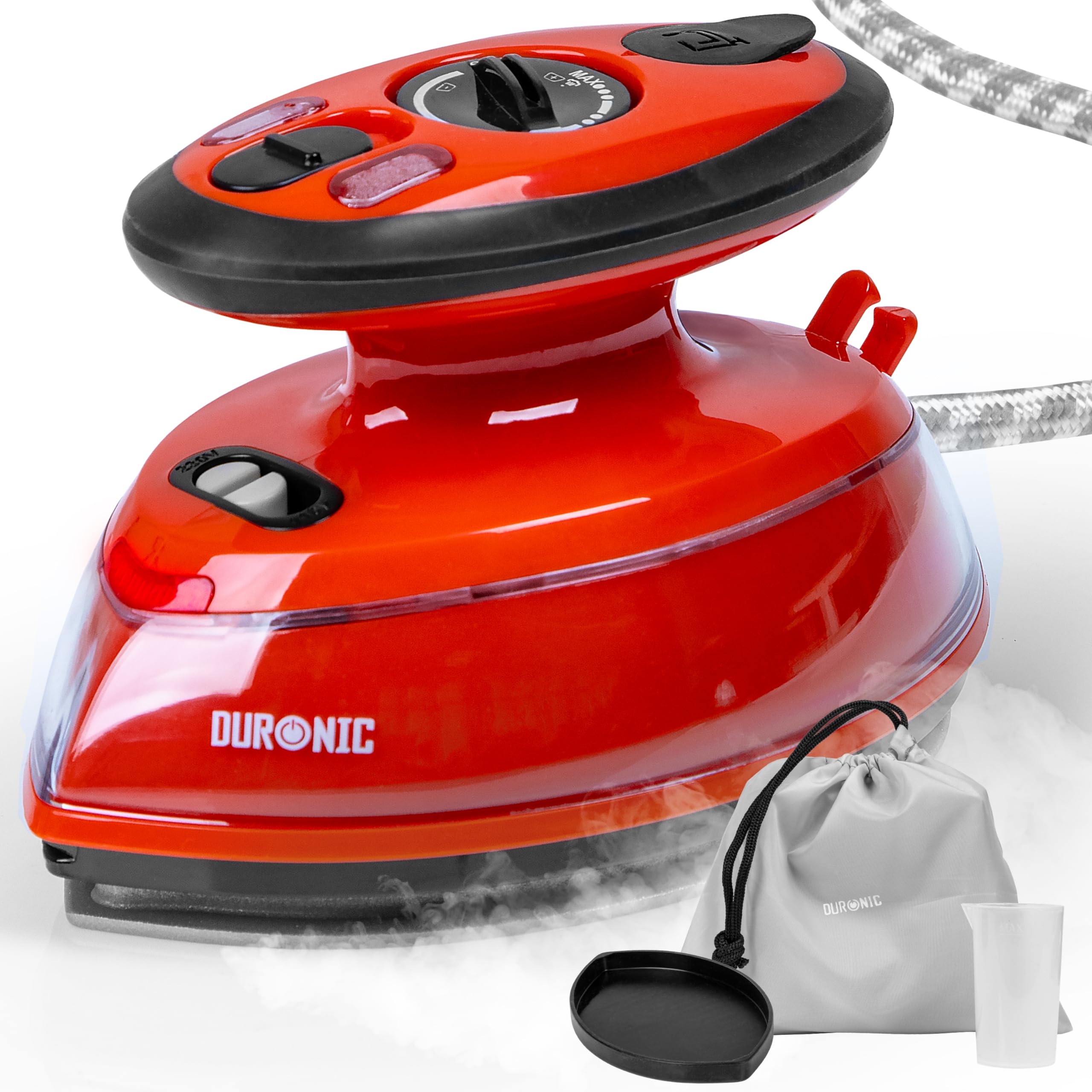 Duronic SI3 RD Mini Ferro da Stiro, Ferro da viaggio a vapore 400W, Serbatoio 35ml, Steamer portatile con base d’appoggio e borsello da viaggio, Per lavori di cucito, quilting, Rosso