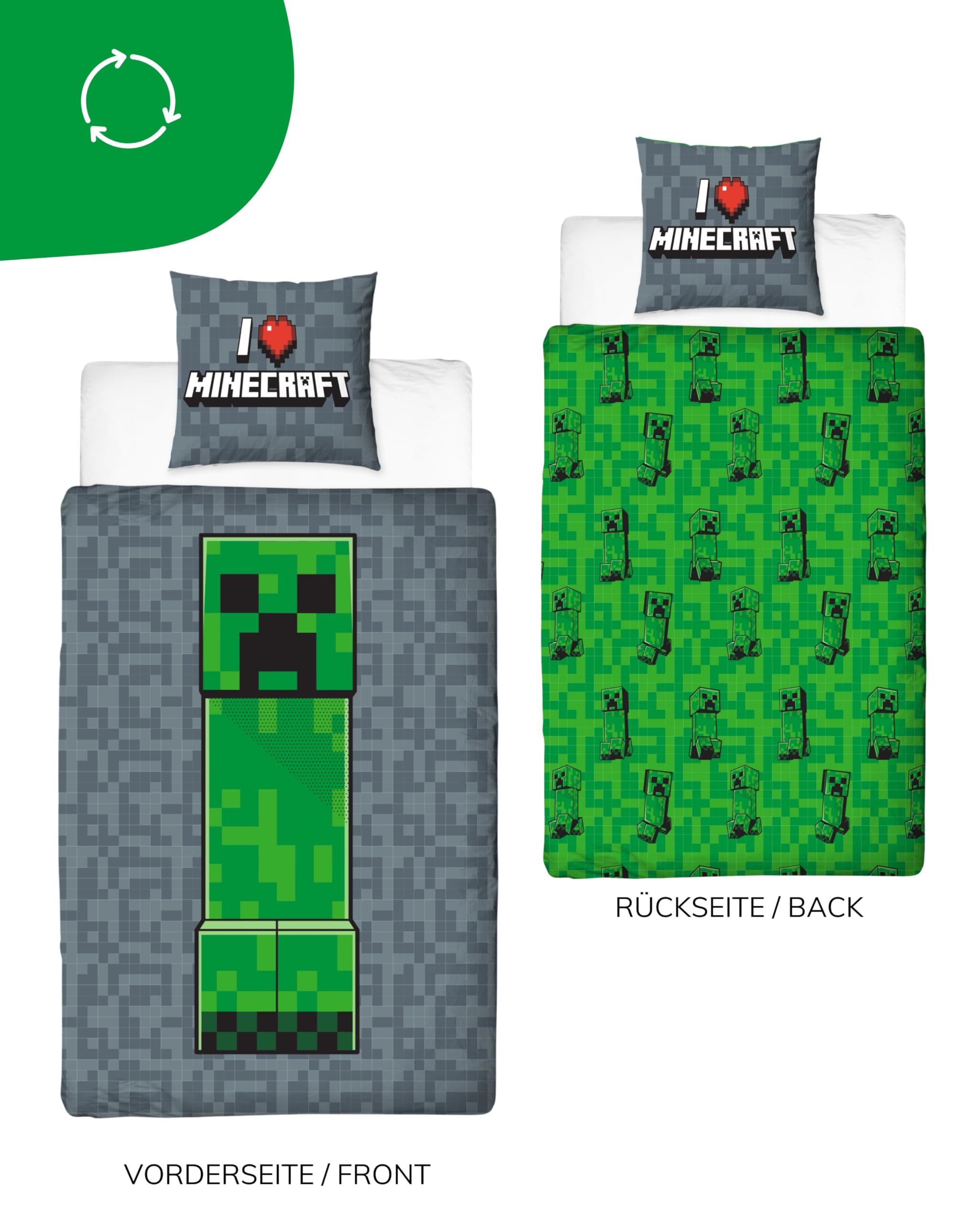 Bettwäsche 135x200 Flanell, Biber, Minecraft, kuschelig weich für Winter, 1x Kissenbezug 80x80 + Bettbezug 135x200, 100% Baumwolle, Kinderbettwäsche Gaming