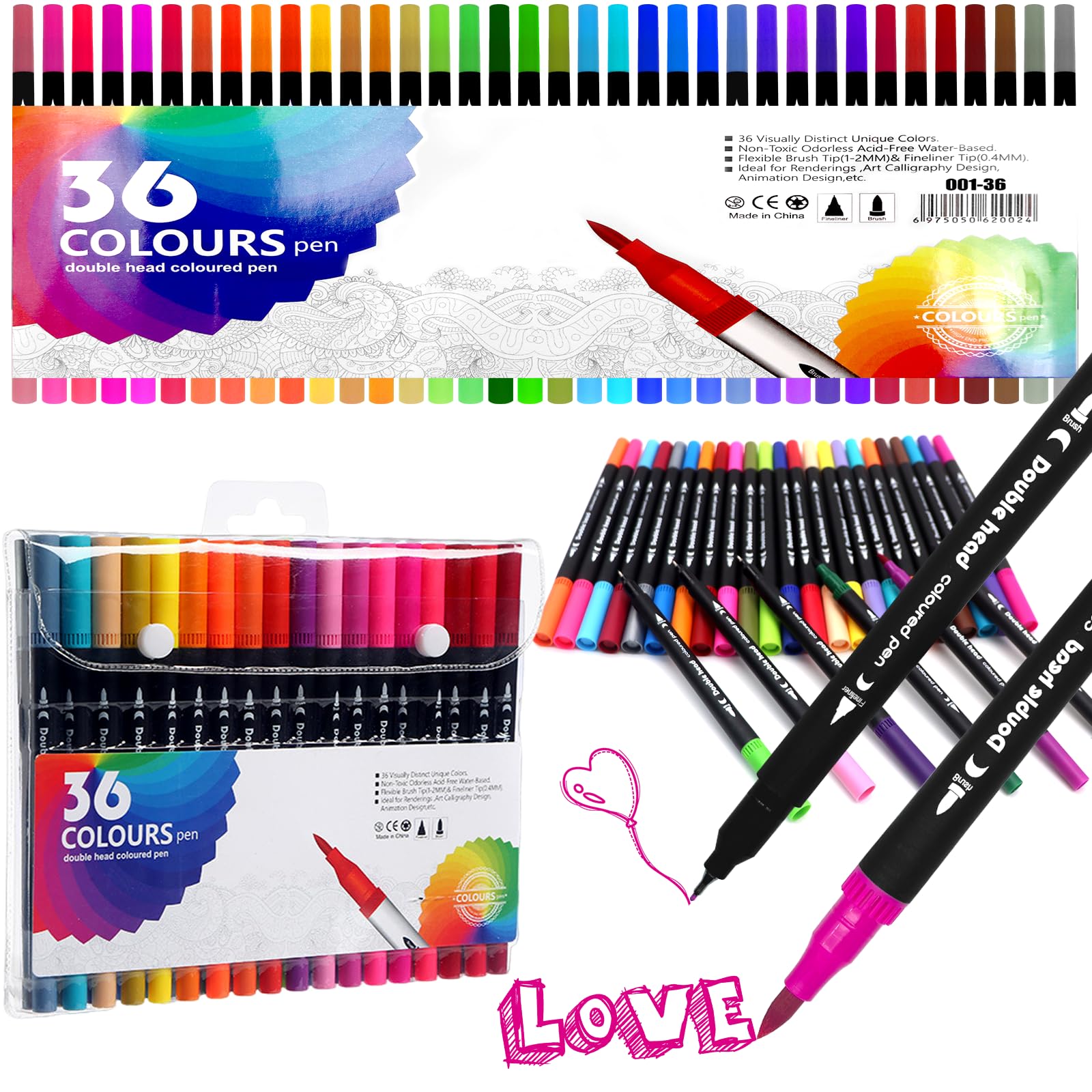Dual Felt Tip Pens for Adults and Kids - 36 Colours, Perfect for Colouring, Painting, Sketching & Drawing