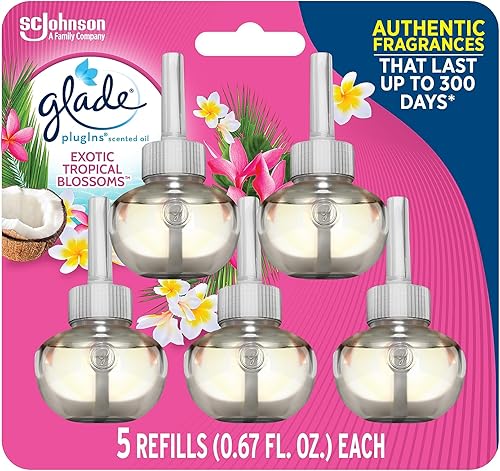 Glade PlugIns - Recambios de ambientador, aceites esenciales y perfumados para el hogar y el baño, flores tropicales exóticas, 3.35 onzas líquidas,