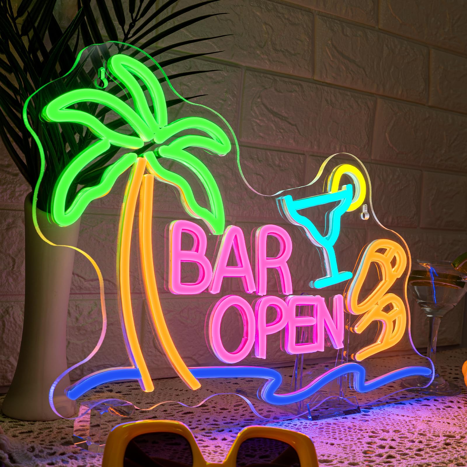 ineonlife Bar Open Neon Led, Palma Abierta Luces Neon,Bar de Cócteles Abierto Letrero Led,Letrero Luminoso para Hawai Bars,Bars de Cócteles,Pub,Club,Taberna de playa