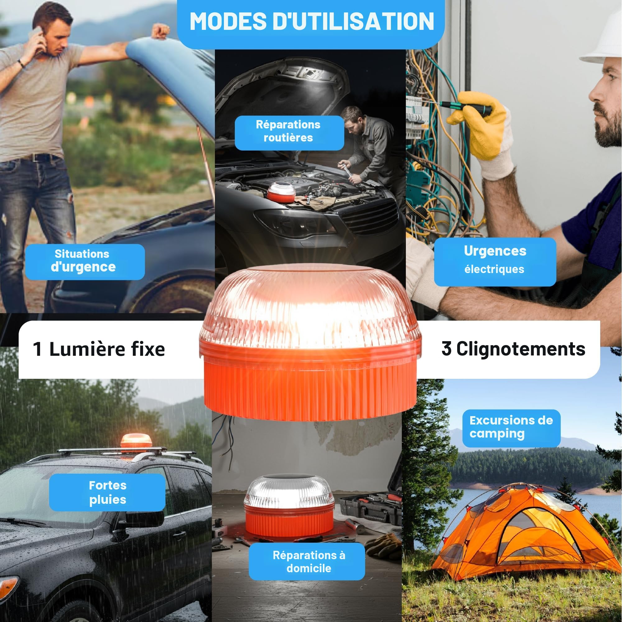 Baliza V16 (Pack de 2) | Lumière d'urgence pour signaler les accidents de voiture | Remplace le triangle | Housse noire incluse | Sans GPS | Aimants magnétiques | Fonctionne avec 3 piles AAA | Haute