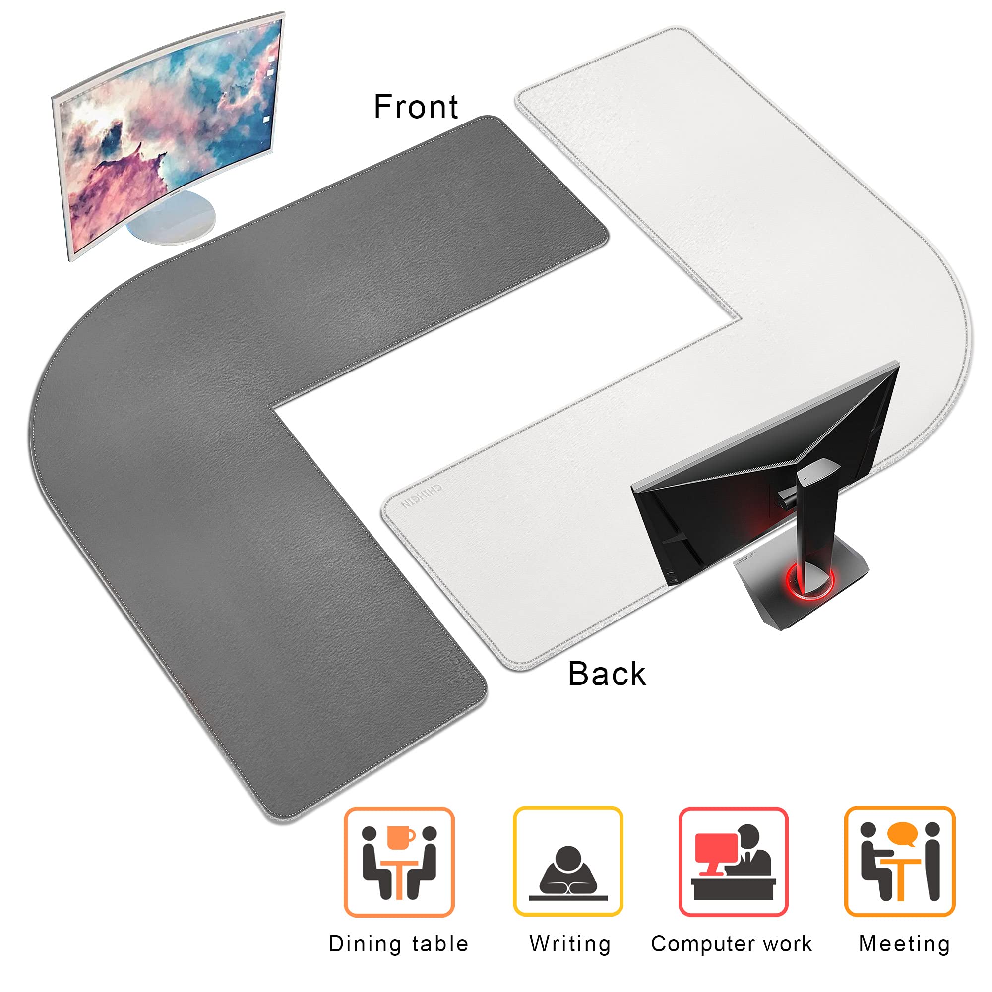 Chihein L-Shaped Desk Pad, Corner Desk Mat (49.2�+ 49.2�) x 15.7�, Computer Office Mouse pad Writing Table Pad for Home Office - Gray/White