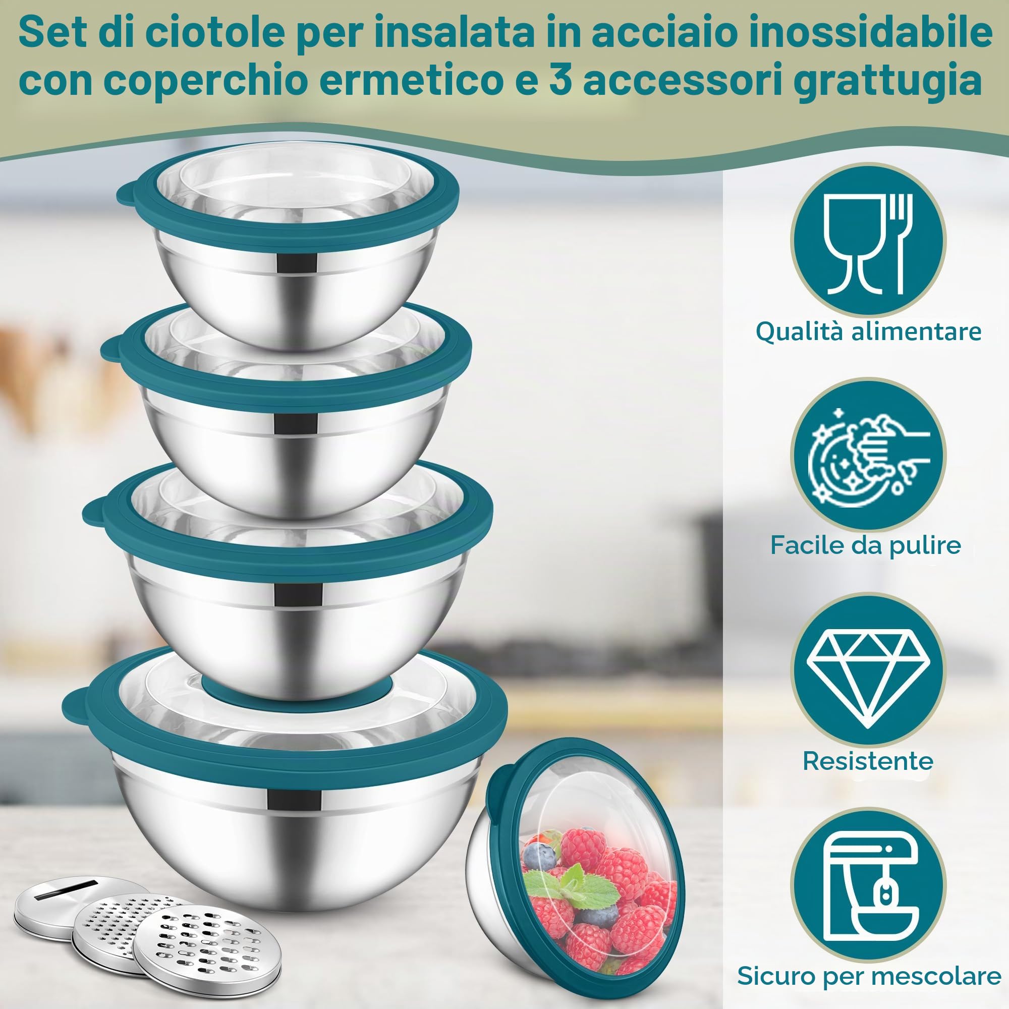HaWare Set di 5 ciotole per insalata, in acciaio inox, con coperchio trasparente ermetico e 3 grattugie, per cucinare, 4,5 l, 2,8 l, 1,5 l, 1,2 l, 0,7 l, lavabile in lavastoviglie, blu