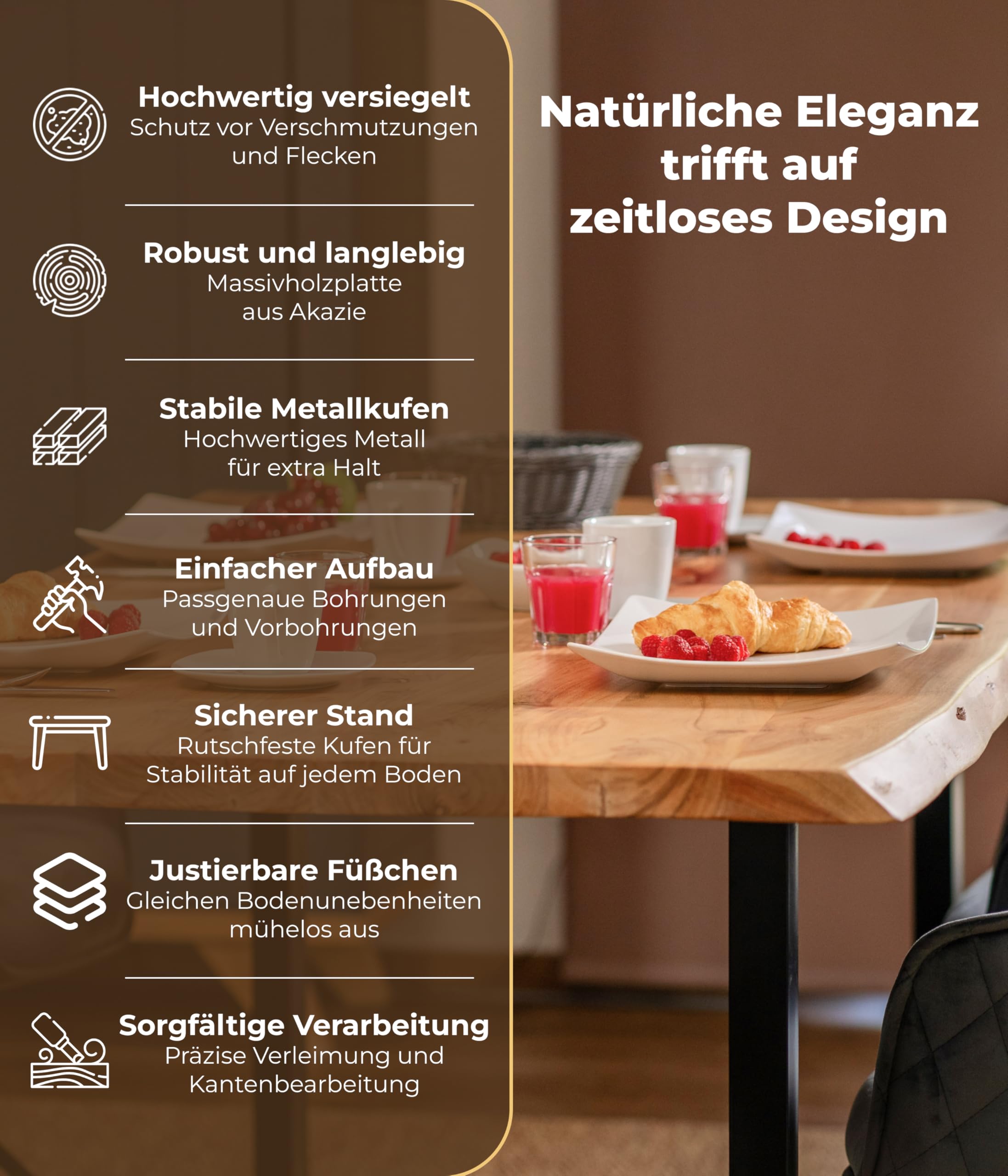 Baumkantentisch 180x90 cm, Massivholz Esstisch, Akazienholz | Tischplatte 3,6 cm, naturfarben, U-Gestell, Echte Baumkante, Handgefertigt & robust, Für 6–8 Personen geeignet