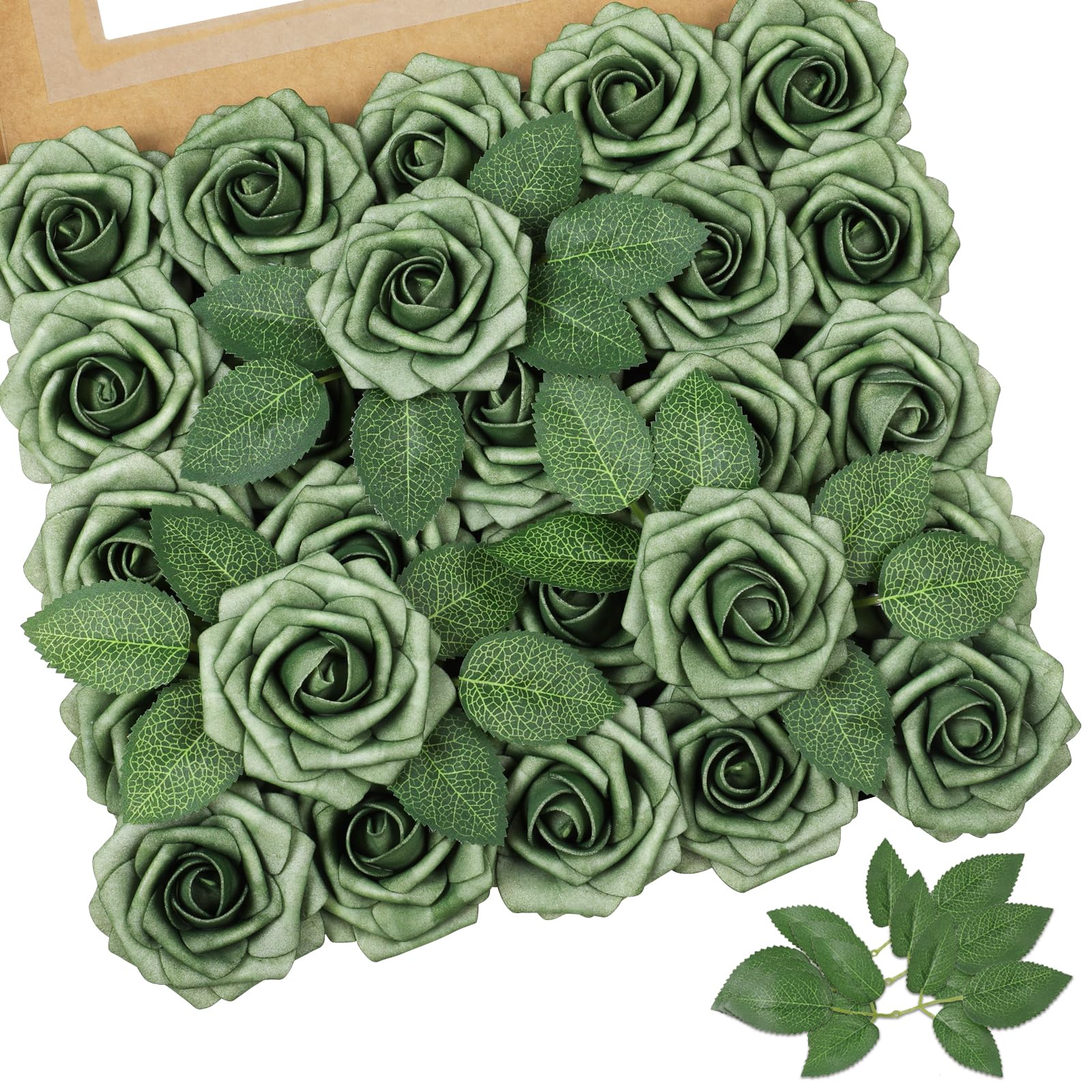 AmyHomie Artificial Flowers Green Rose 25pcs Real Looking Fake Roses w/Stem for DIY Wedding Bouquets Centerpieces Arrangements Party Baby Shower