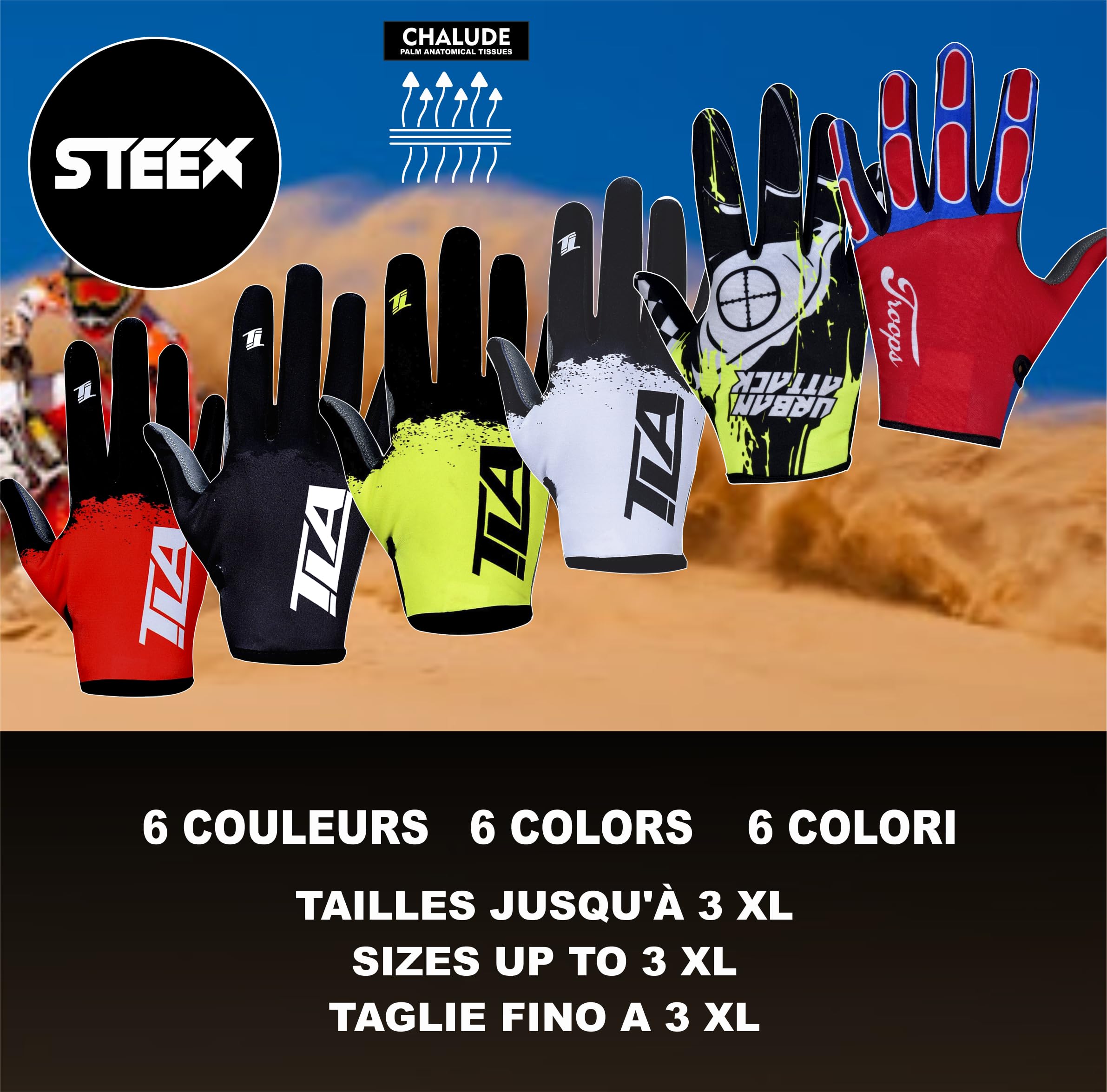 TLA STEEX guantes de motocross, mtb enduro, trial, bmx, hombre, mujer y niño, Ropa de moto y bicicleta. Guantes moto y ciclismo, verano, elásticos, ligeros, transpirables y resistentes al desgaste.