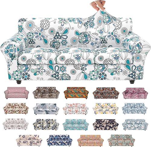 Miniatura 56 de Fundas elásticas para sofá, Fundas de sofá con estampado floral, 2 piezas de funda para sillón con funda de sección separada, Funda lavable para