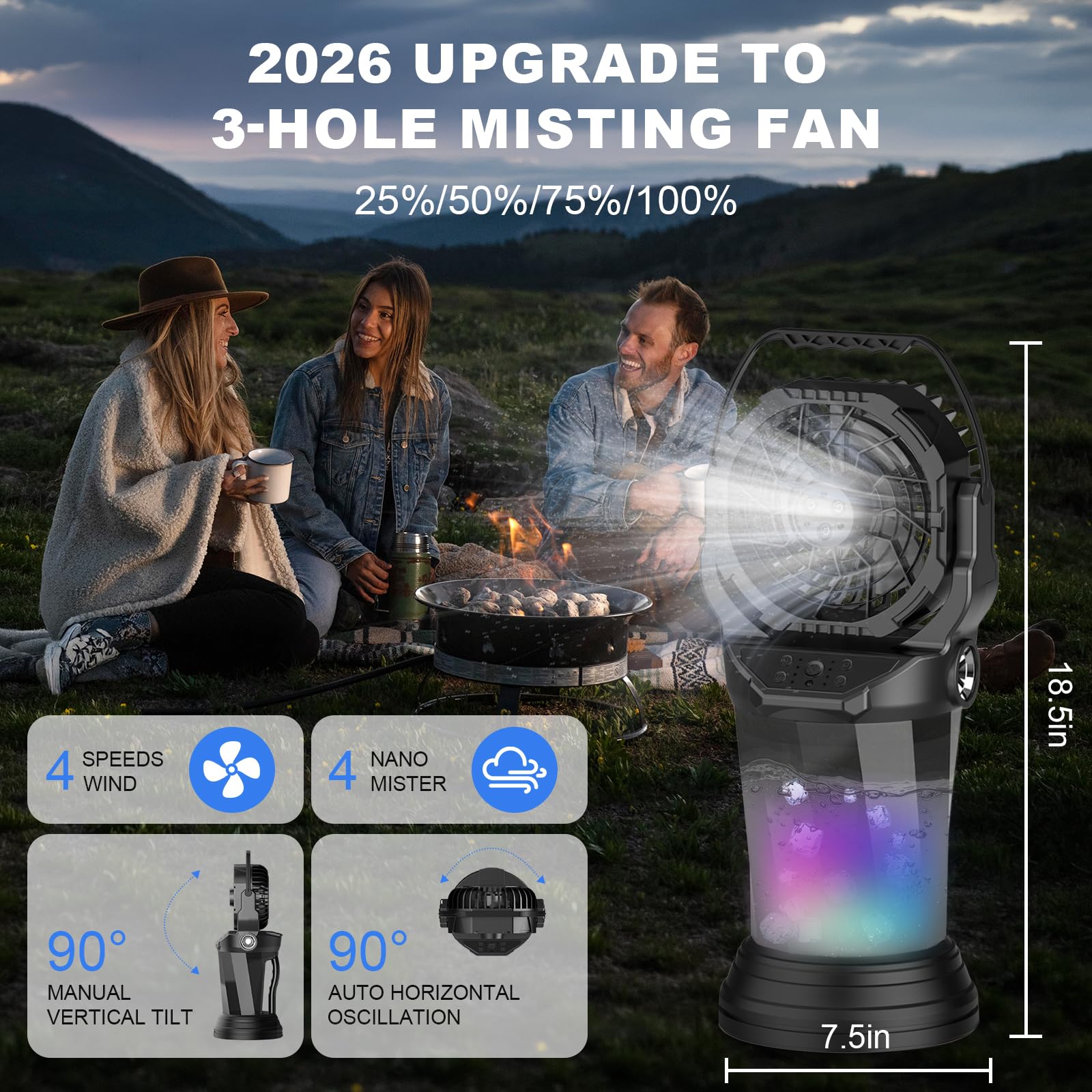 GHORA Ventilateur brumisateur portable, 25 000 mAh à piles rechargeables pour terrasses extérieures, ventilateur à brume oscillante de 60 heures avec télécommande, réservoir d'eau de 2 L et RVB pour