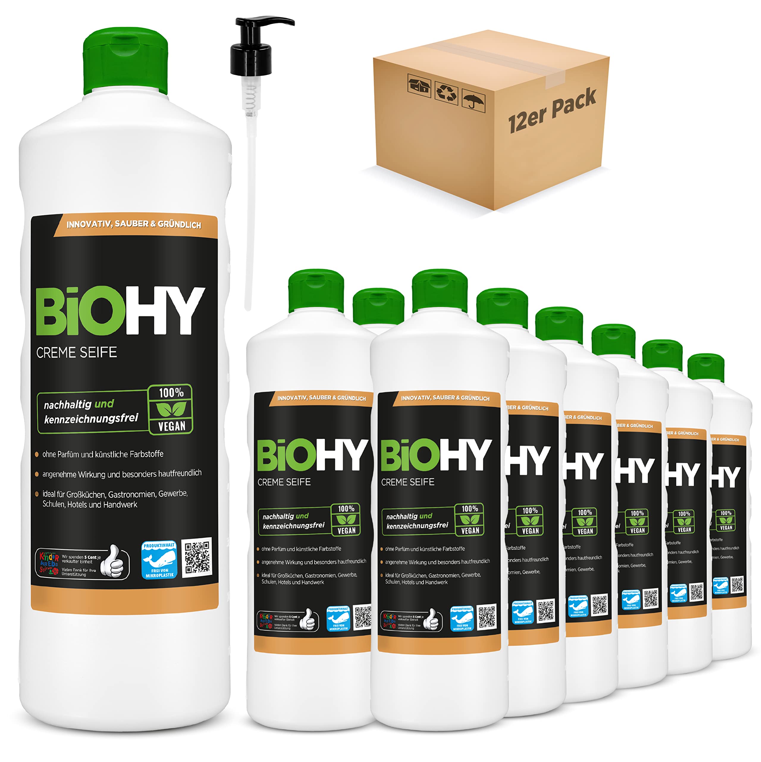 BiOHY Crema de Jabon (12 botellas de 1 litro) | Suave, hidratante e inodoro jabón de manos del sector vegetal | LIBRE DE FOSFATOS Sin perfume ni colorantes (Creme Seife)
