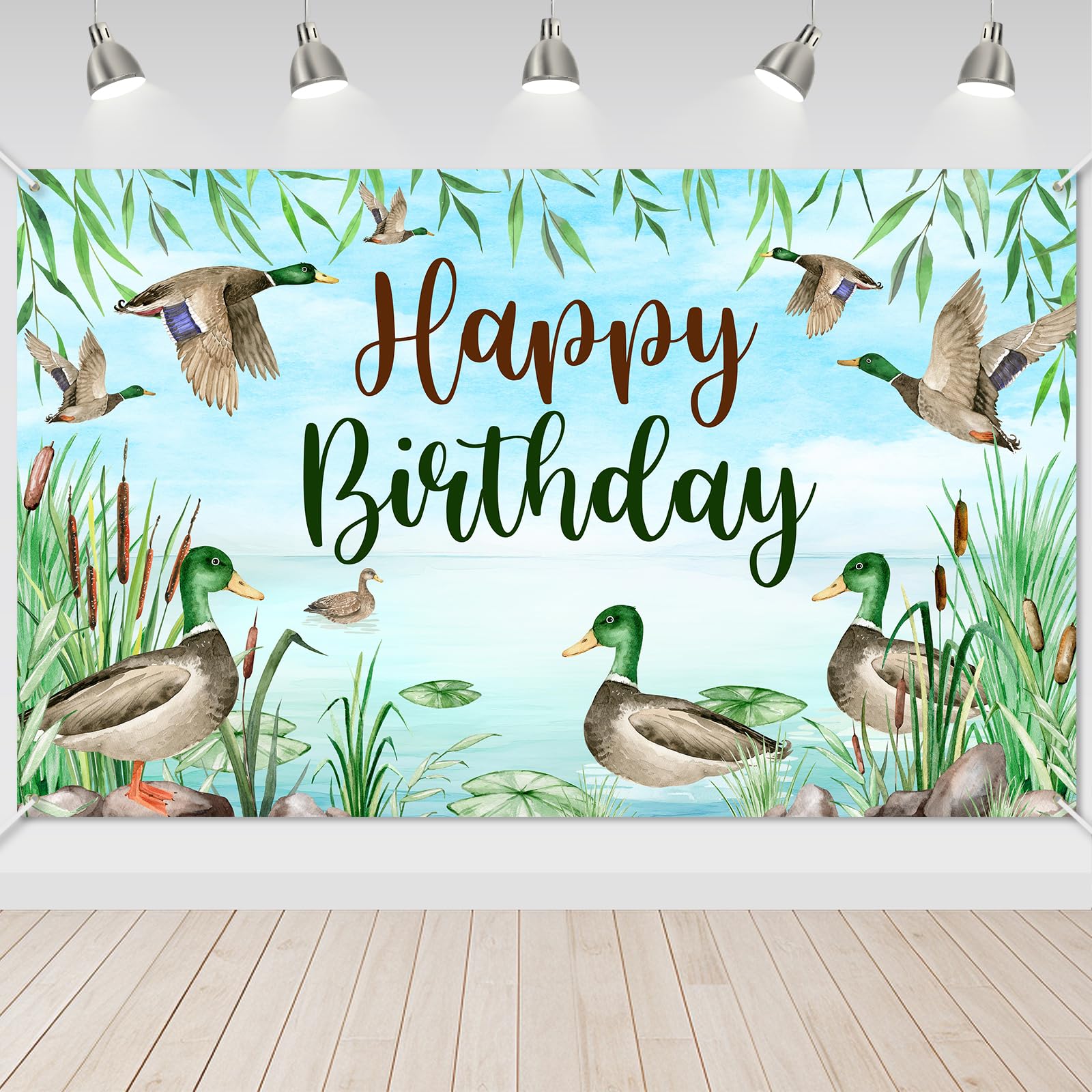 Avezano Mallard Duck Birthday Banner Mallard Duck Theme Happy Birthday Party Decorations Hunting Theme Party Supplies Banner 70.8 x 43.3 Inch