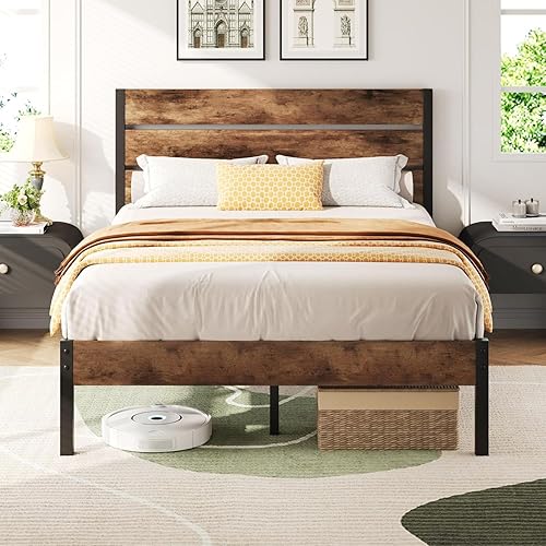 Lifezone Full Bed Frame with Headboard and Footboard, Metal Full Bed Frame with Under-Bed Storage, All-Metal Support System, No Box Spring Needed, Easily Assemble, Vintage Brown