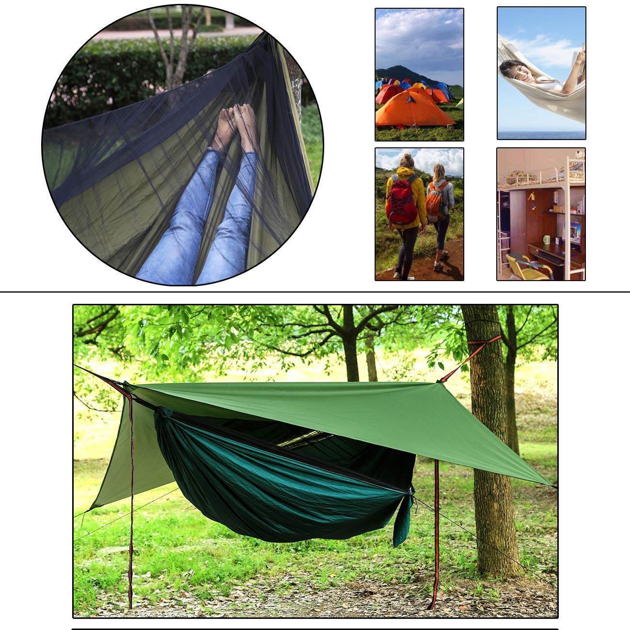 Tragbares Camping-Hängematten-Set, Einzel-Doppel-Hängematte, Insektennetz, Schattenzelt, hochfeste Fallschirmtuch-Hängematte