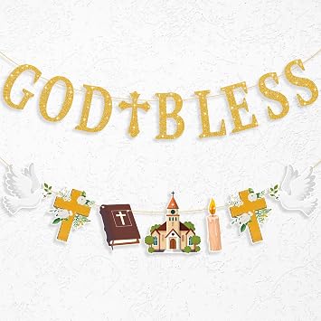 VitalCozy God Bless Banner Gold Glitter Christian Baptism Banner First Holy Communion Confirmation Decorations Christening Party Decor for Boys Girls Catholic Ceremony