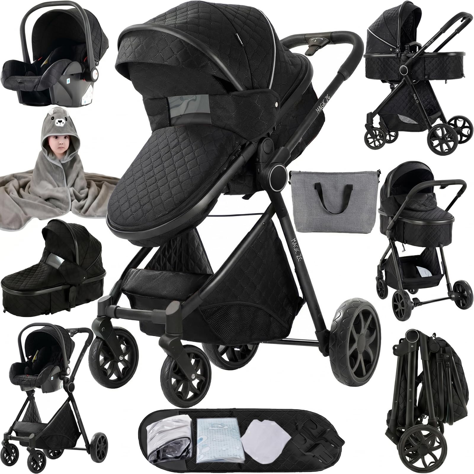 Poussette 3 en 1 Tissus Haut de Gamme Vision Buverte Poussoir Bidirectionnel Avec Cosy V9 Dark Black