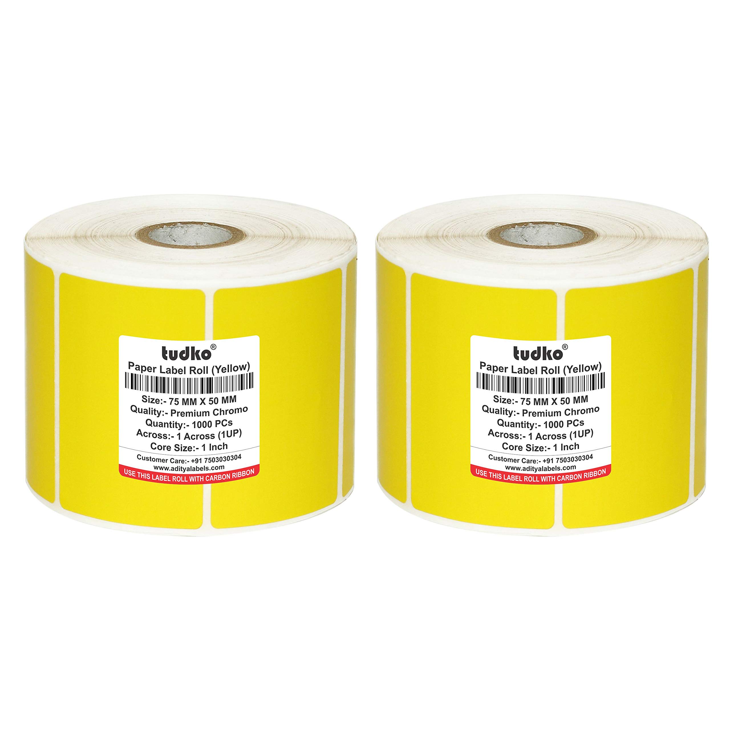 Tudko® 75x50 mm Chromo self Adhesive Barcode Paper Label Sticker roll - 1up - Pack of 2 roll - 2000 Labels in a roll (Yellow)