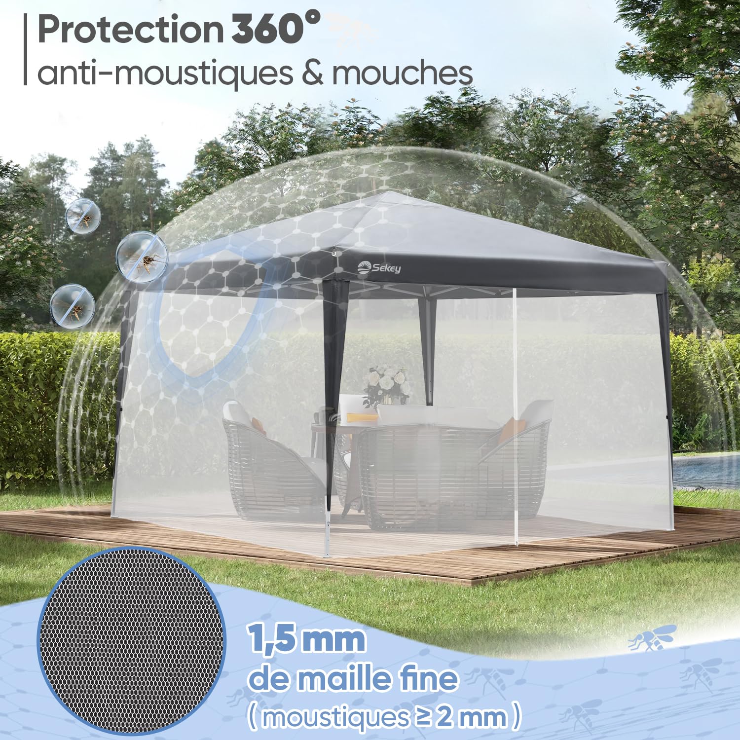 Sekey Moustiquaire pour Gazebo, Protection Moustiques Insectes pour 3x3 Pavillon, avec Fermeture à Glissière Attaches Klettband, Blanc