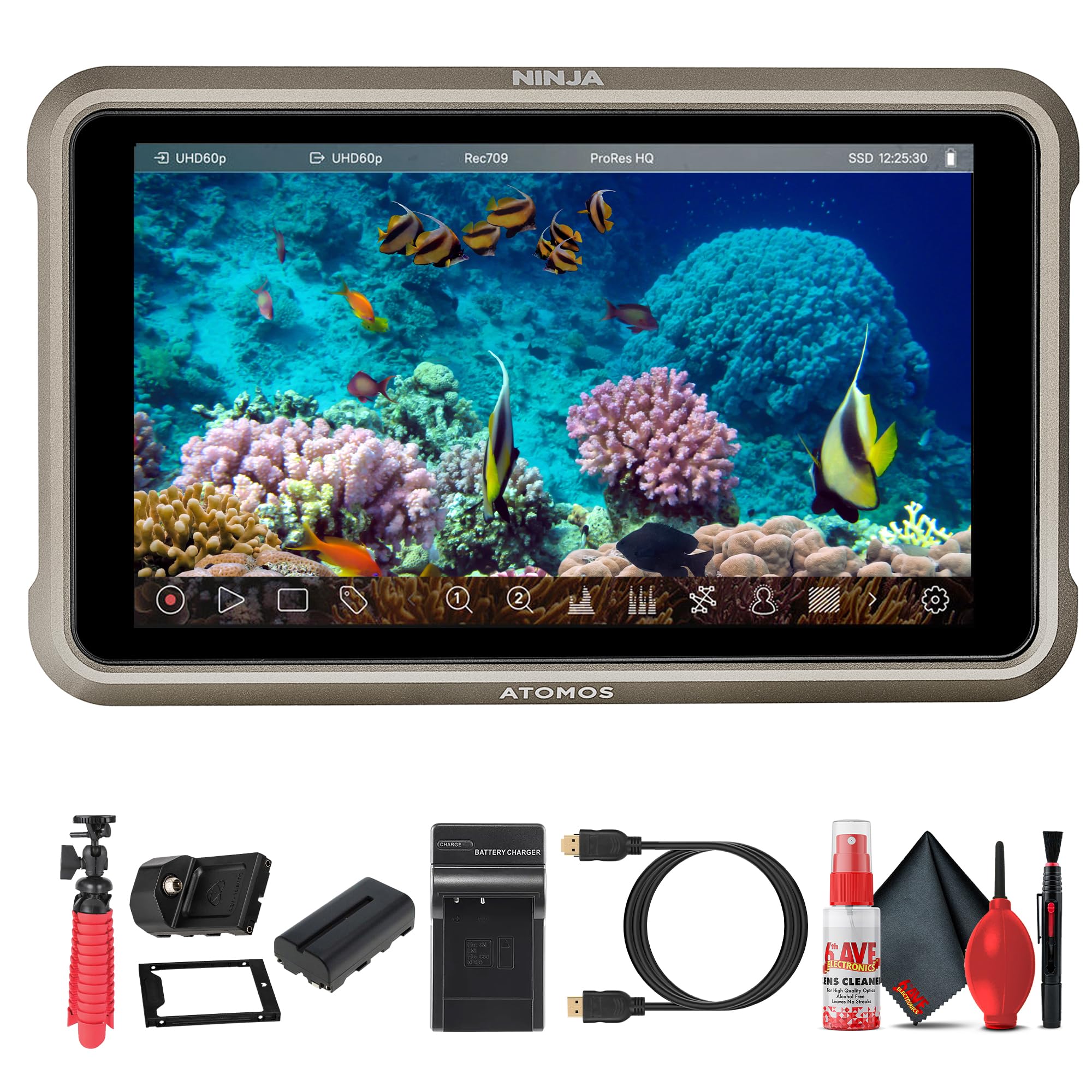 Atomos Ninja 5.2 Inch 4K HDMI Recording Monitor | HDR 10 Bit Touchscreen Display with ProRes and DNx Recording, SSD Support, Real Time Playback (ATOMNJA004) + NPF-550 Battery + Flexible Tripod + More