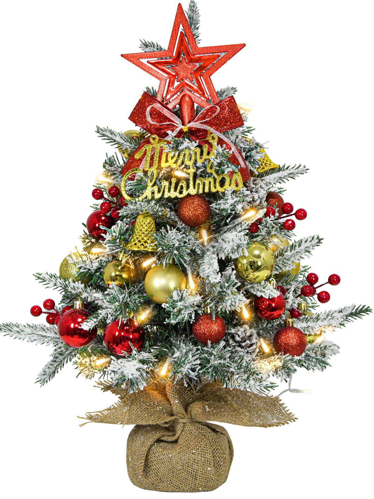 Mini Árbol de Navidad Artificial con Luces LED, 60cm Pequeño Arbol de Navidad Decorado con Nieve Artificial y Adornos para Decoración Navideña Mesa En Casa, Oficina