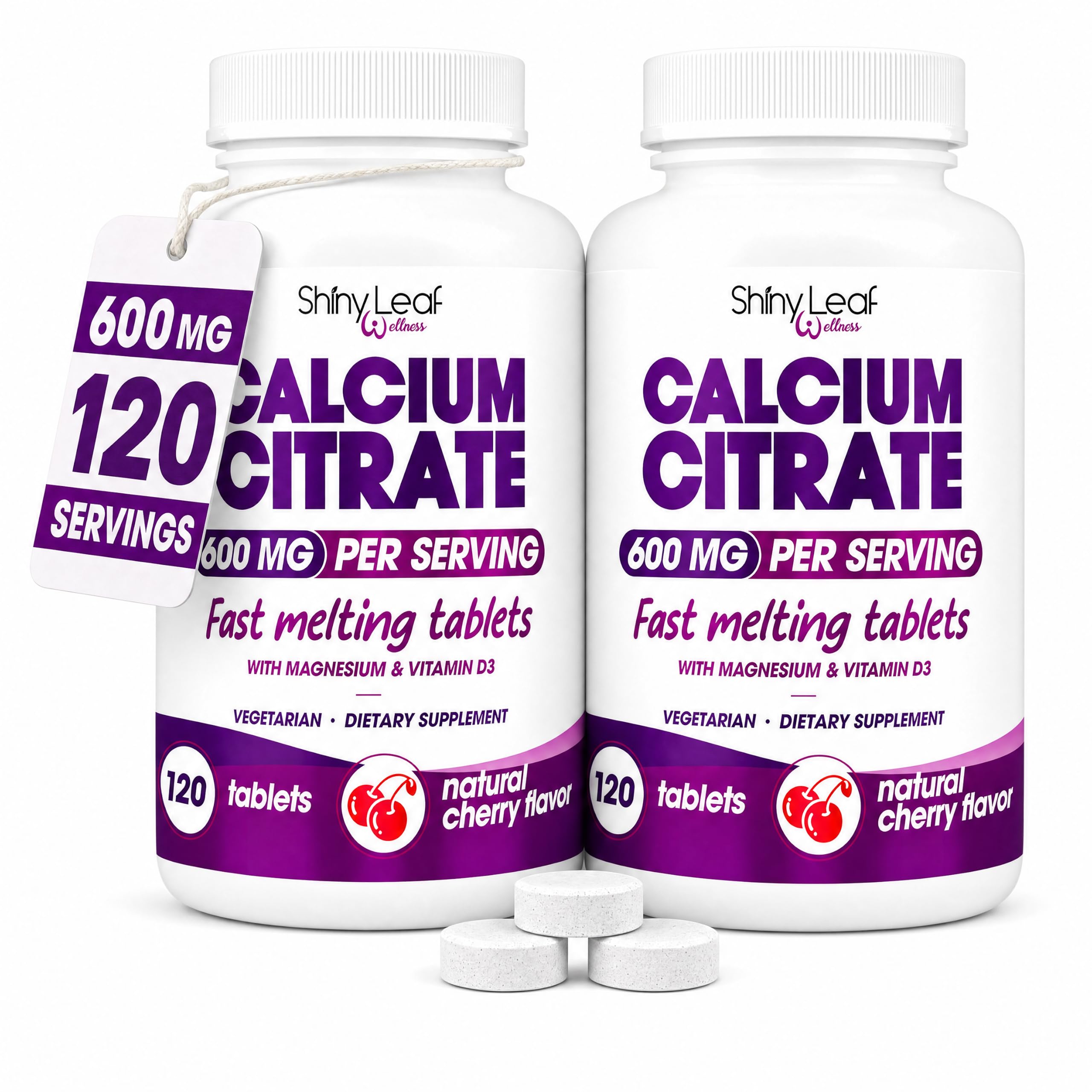 Shiny Leaf Calcium Citrate 600 mg with Magnesium & D3, Cherry, 2 x 120 Ct 120 Count (Pack of 2)