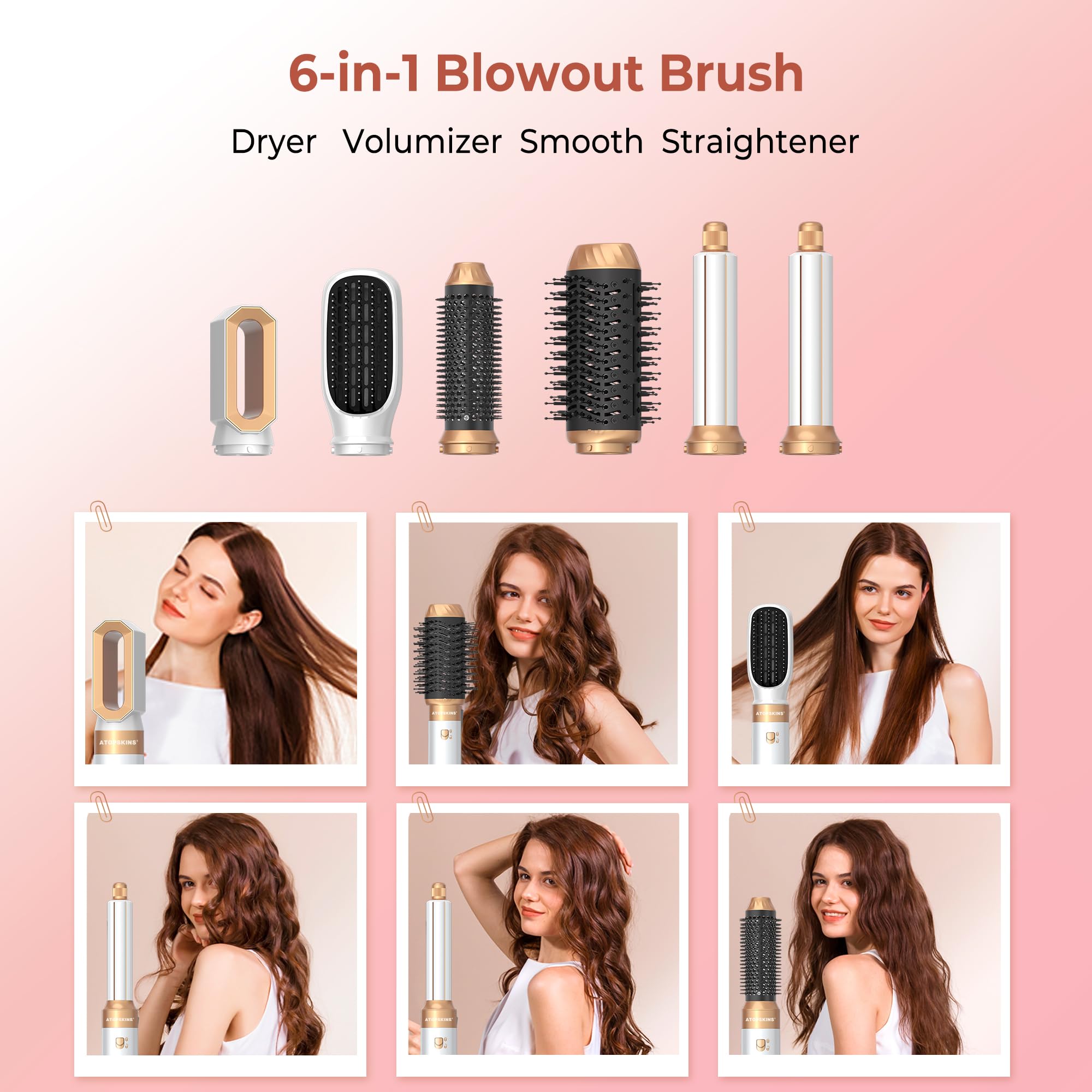 Atopskins hairstyler 6 in 1 Air Styler set mit 1000W Haartrockner, Lockenstab, Warmluftbürste, Föhnbürste, Rundbürstenföhn, Glättbürste, Geben Sie dem Haar Volumen, Glätten, Locken und Föhnen