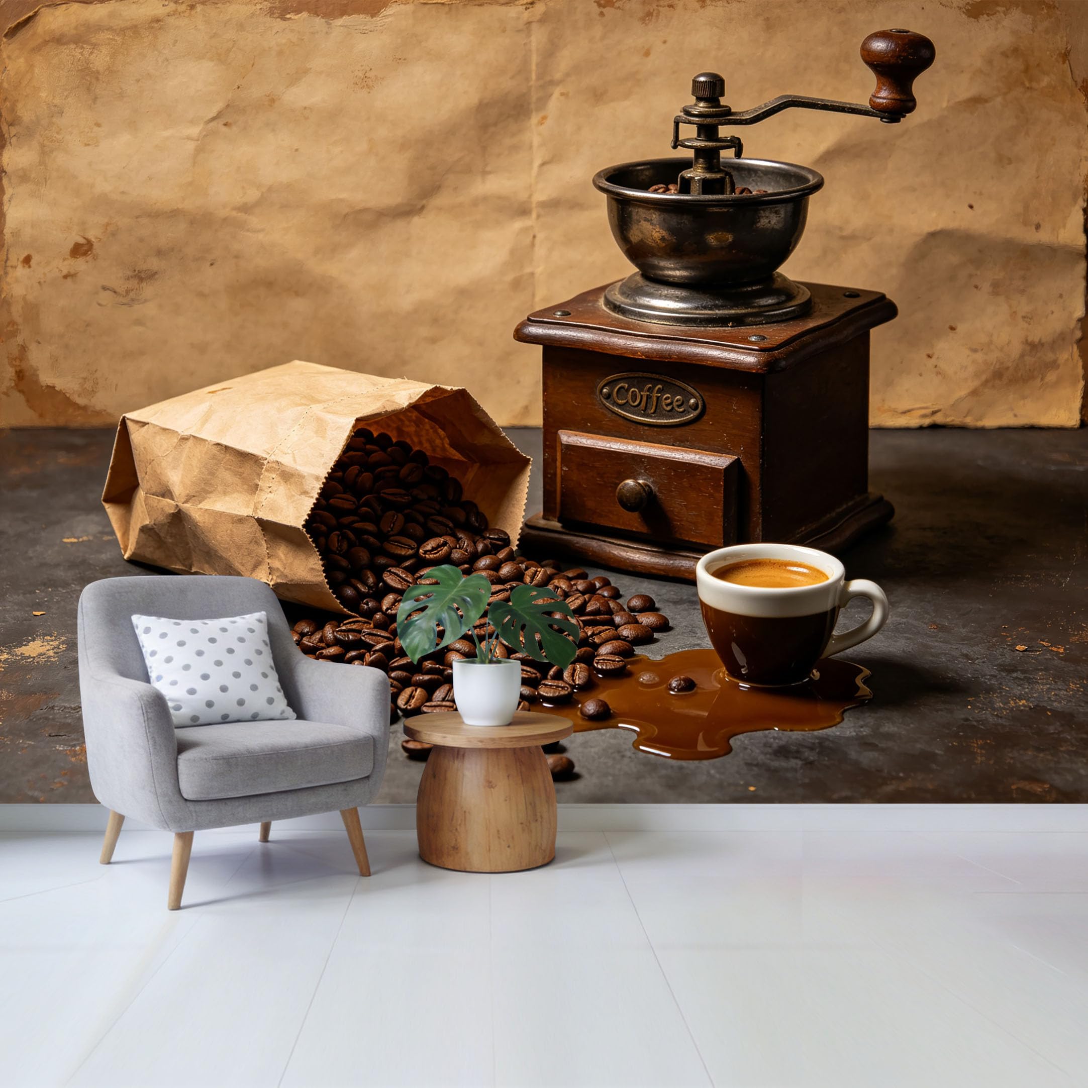 Qzlithotic Yq2605250843 Custom Size Wall Mural Vintage Coffee Grinder Roasted Beans Espresso Cup Retro Textured Selfadhesive Wall Fabric Removable Wallpaper For Home Office Decor