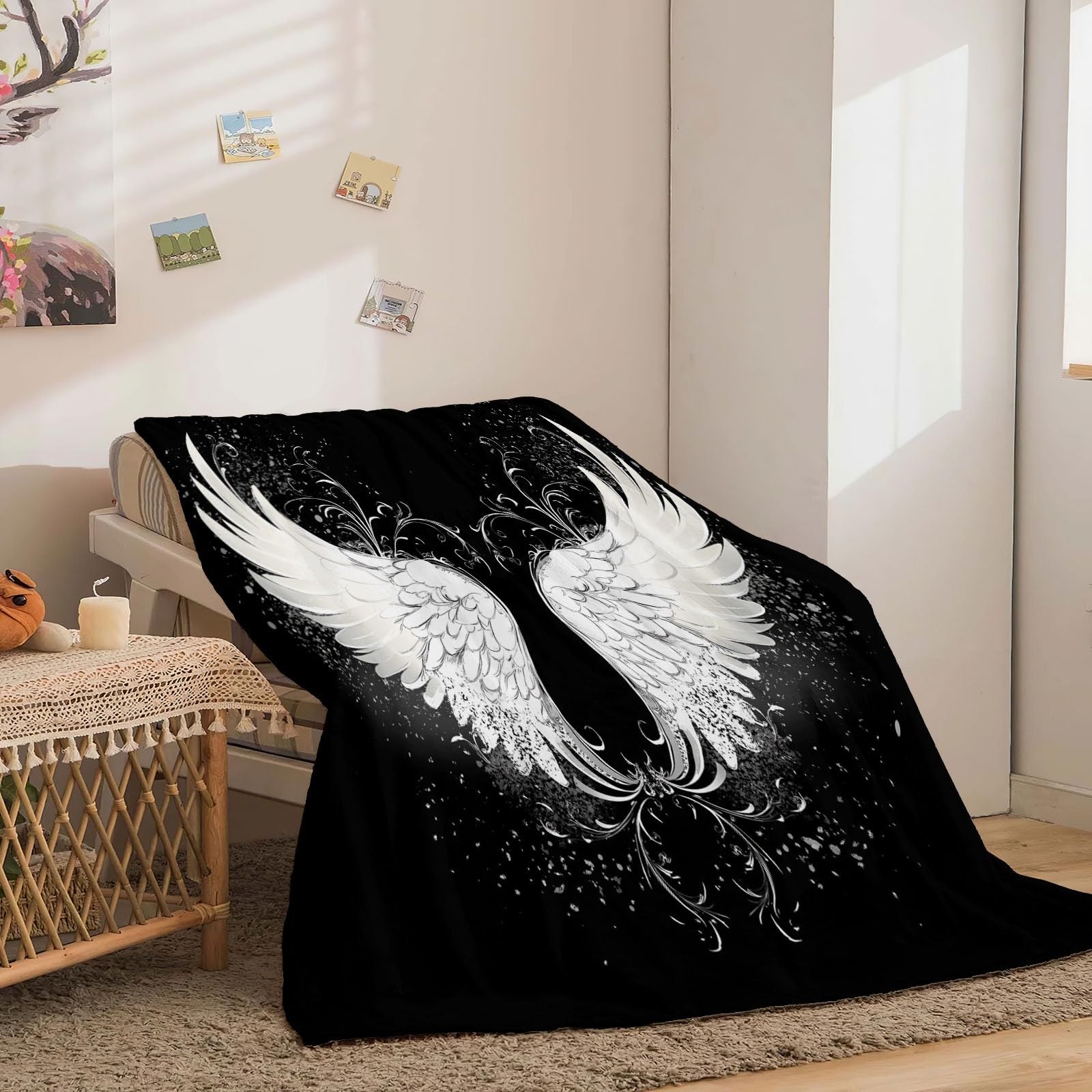 Dekoracyjny biały koc flanelowy z wełny, 180 x 220 cm Koc na łóżko, ciepły i miękki flanelowy, gruby flanelowy koc na sofę, odpowiedni na wszystkie pory roku, czarny