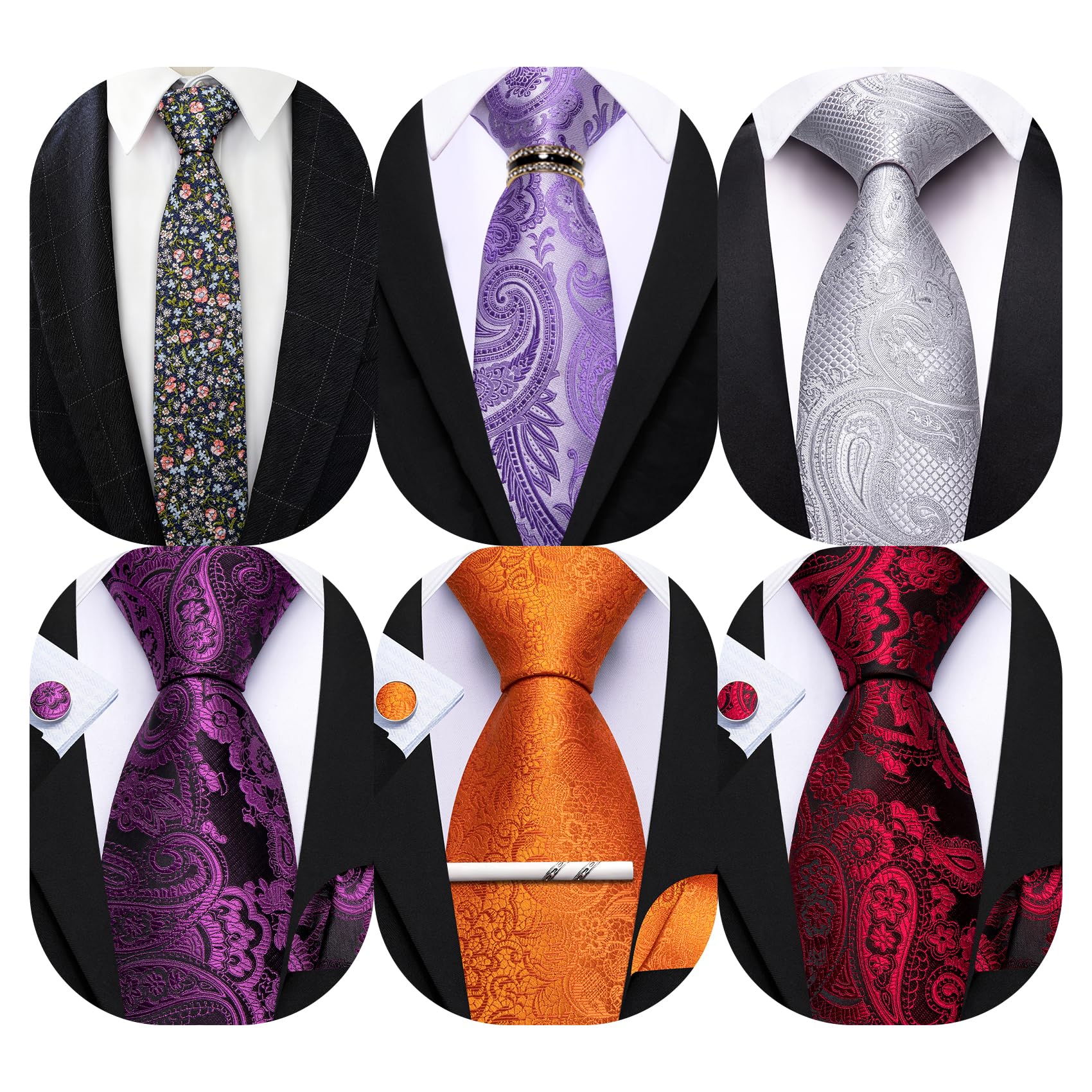 Barry.Wang Men 6PCS Tie Silk Gift Necktie Clip Woven Tie Sets Party