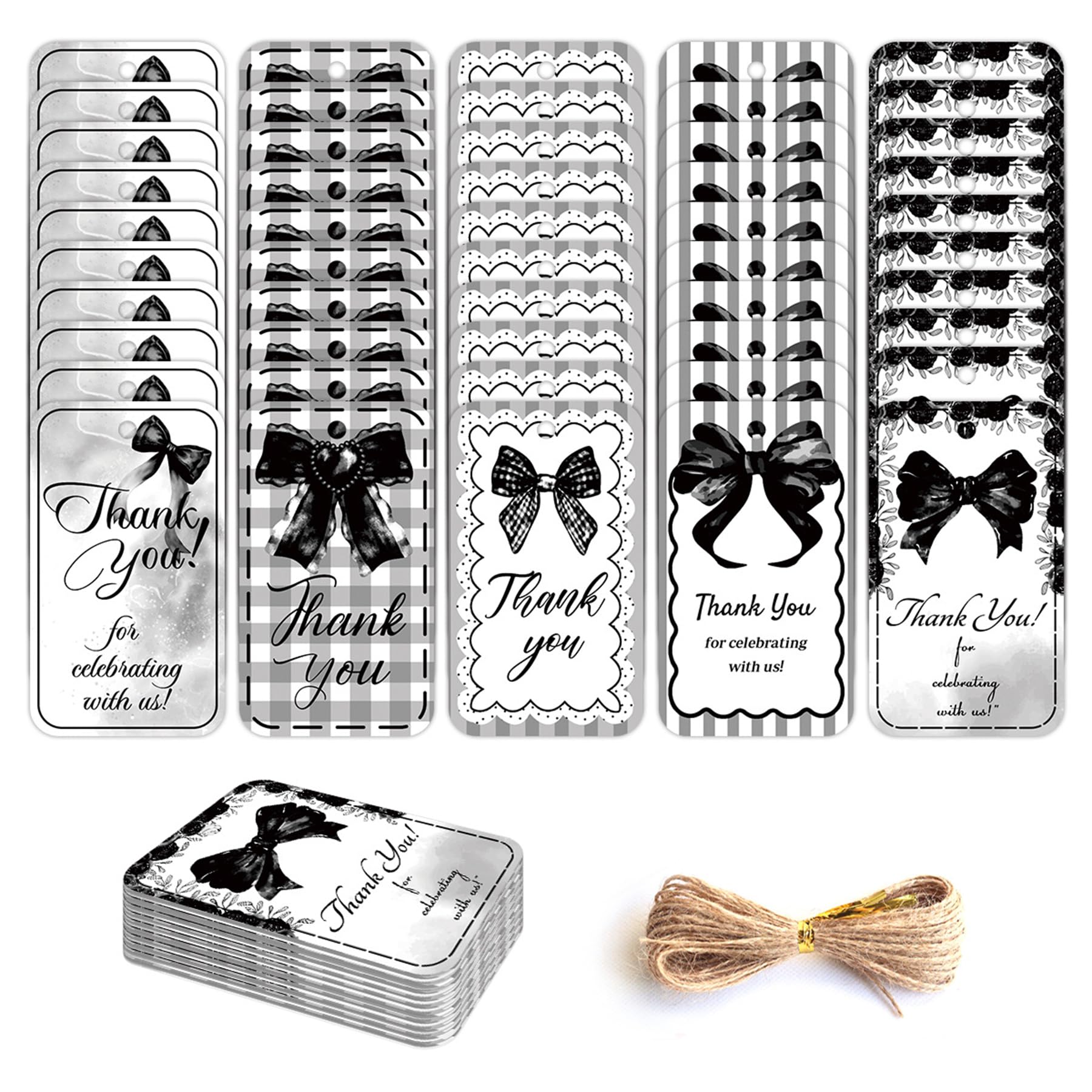 Bow Thank You Tags - 50PCS Bow Thank You Tags with Twine, Thank You for Coming Tags, DIY Cute Bowknot Thanks Party Favor Tag,Elegant Gift Tag for Parties Baby Showers Weddings Bachelor Party (Black)