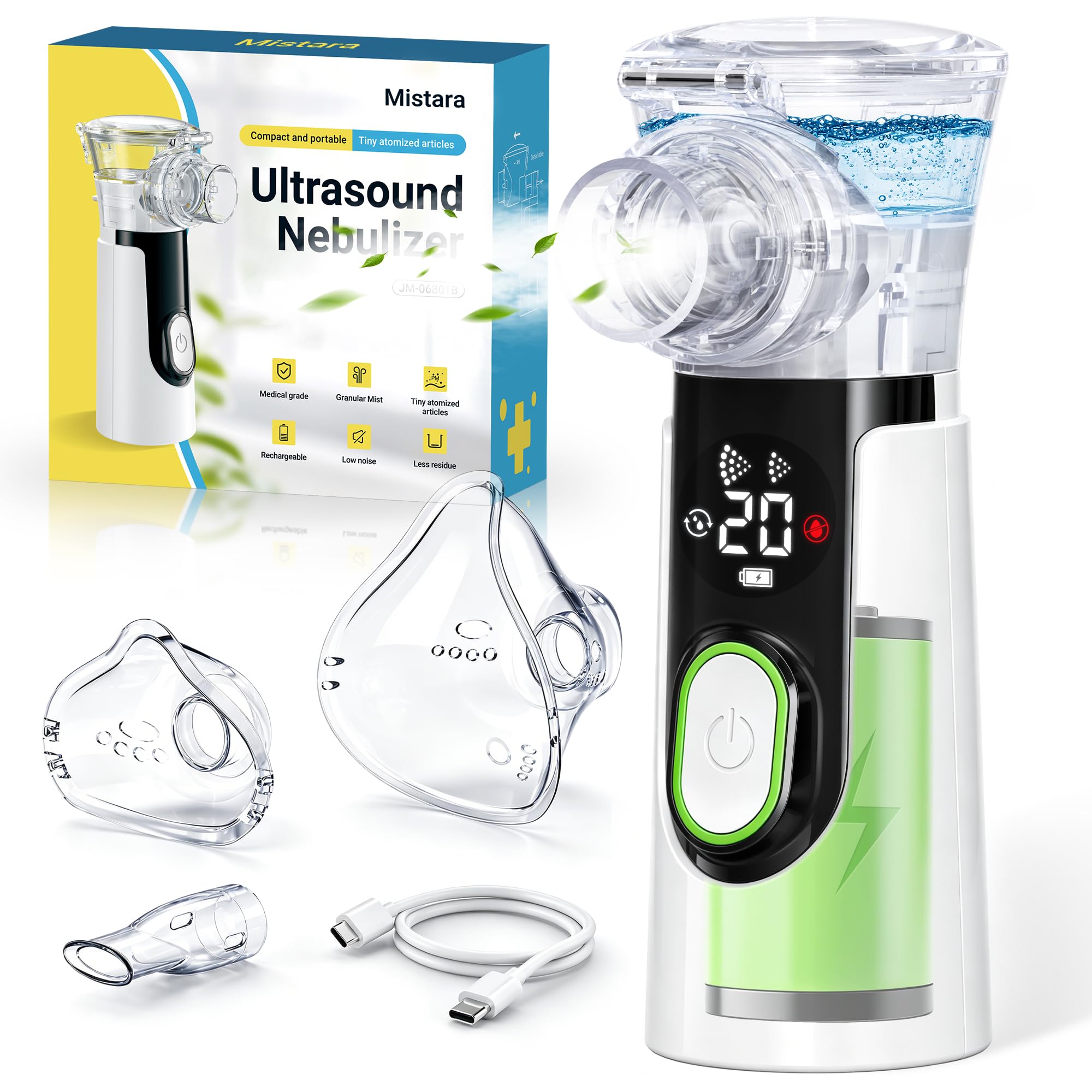 Mistara Aerosol Portatile Silenzioso per Adulti e Bambini - Macchina Aerosol con Display LED e Timer Digitale, Auto-Pulizia, USB-C Ricaricabile, Maschere e Boccaglio