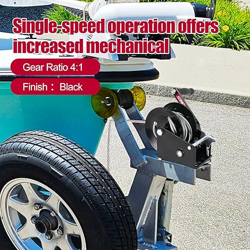 Miniatura 8 de Freno de cabrestante de remolque de barco resistente, 1600 libras con cable de acero de 32.8 ft (32.8 pies) con manivela de mano con trinquete negro