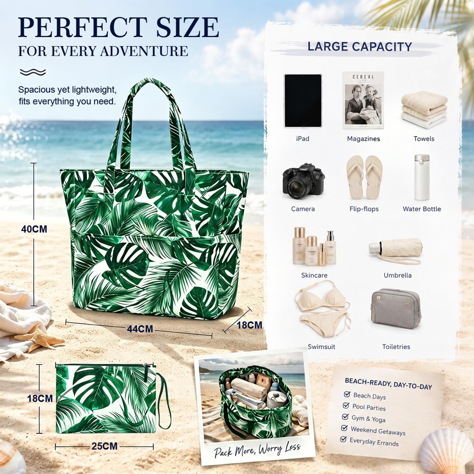 Badetasche Groß Familie XXL, Wasser und Sandabweisende Strandtasche Damen mit Reißverschluss & Mehreren Taschen, Damen Handtasche Aus Canvas Stoff, Faltbar Badetasche für Urlaub Reise Pool Picknick
